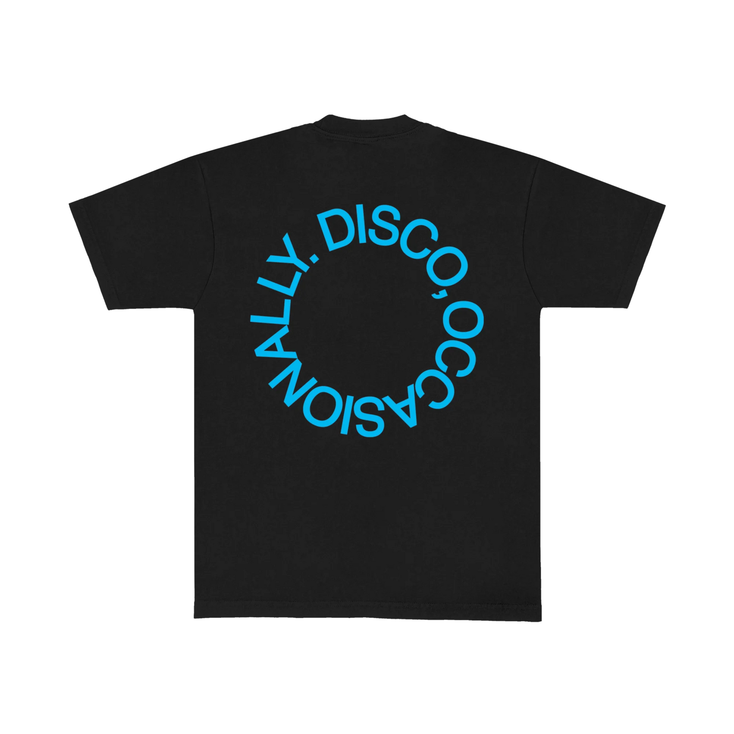 Black t shirt from Harry Styles official merch featuring blue DISCO OCCASIONALLY circular graphic artwork printed on back panel