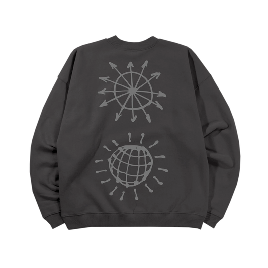 Back view of washed charcoal Harry Styles crewneck featuring large reflective sunburst and disco ball artwork inspired by Kiss Disco collection aesthetic