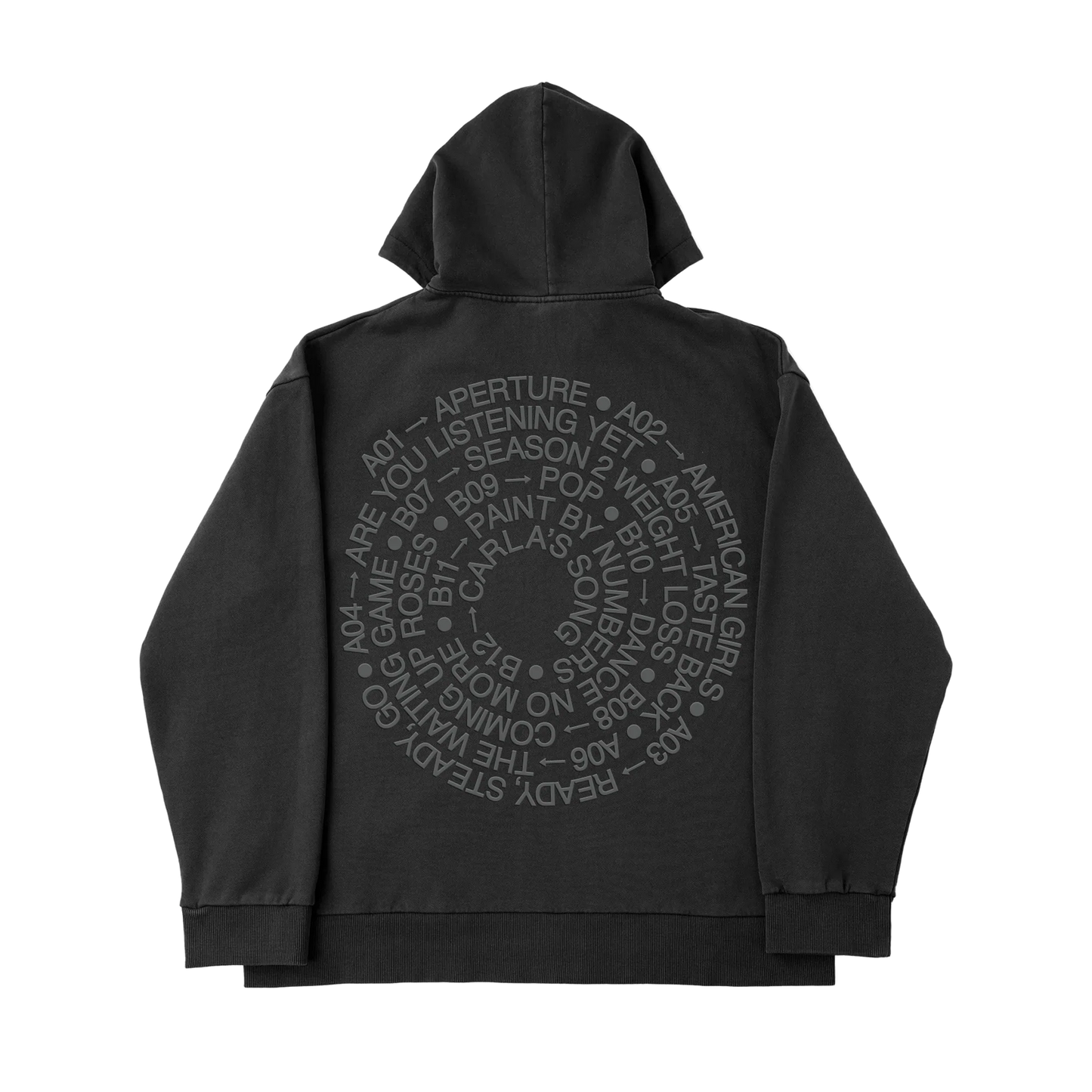 Back view of Harry Styles Special Tracksuit zip up hoodie with circular tracklist graphic artwork featuring Fine Line era song references on washed black heavyweight fabric