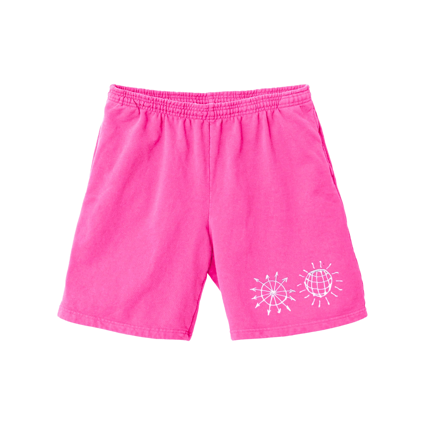 Bright pink fleece shorts from Harry Styles merchandise featuring white All The Time inspired sun and globe graphics on front leg print