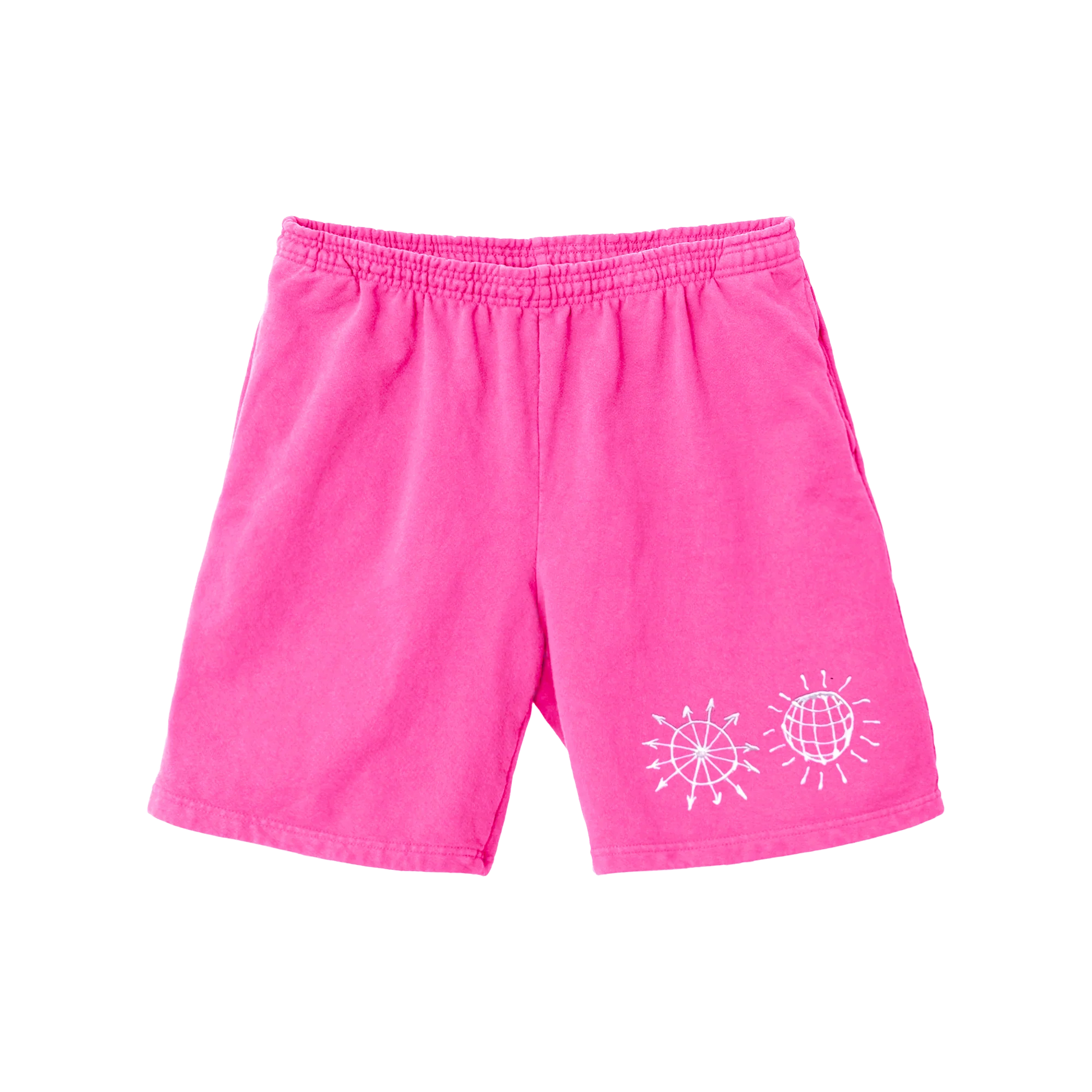 Bright pink fleece shorts from Harry Styles merchandise featuring white All The Time inspired sun and globe graphics on front leg print