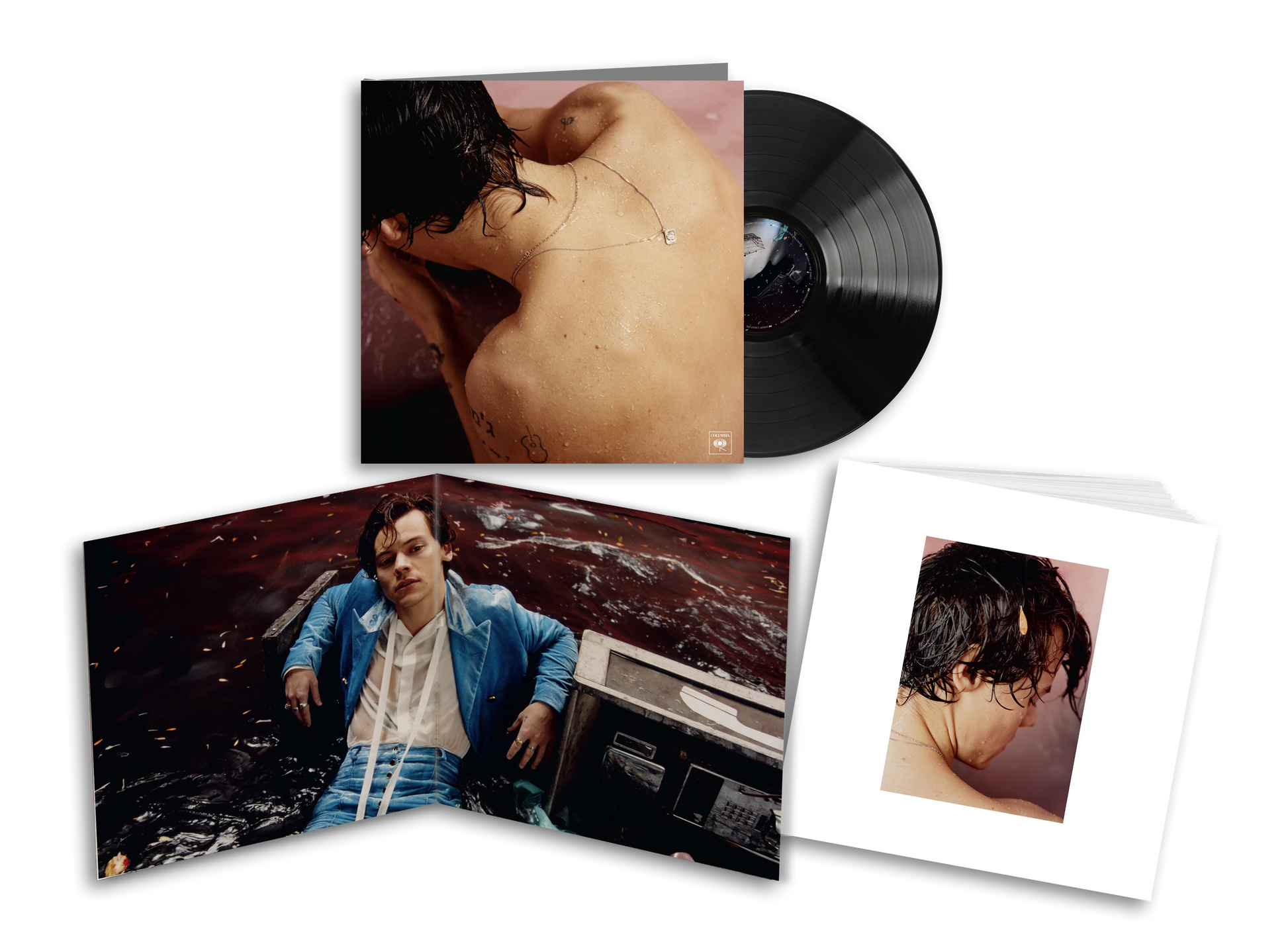 Harry Styles vinyl set with black record, open photo booklet and portrait insert, premium Harry Styles merchandise