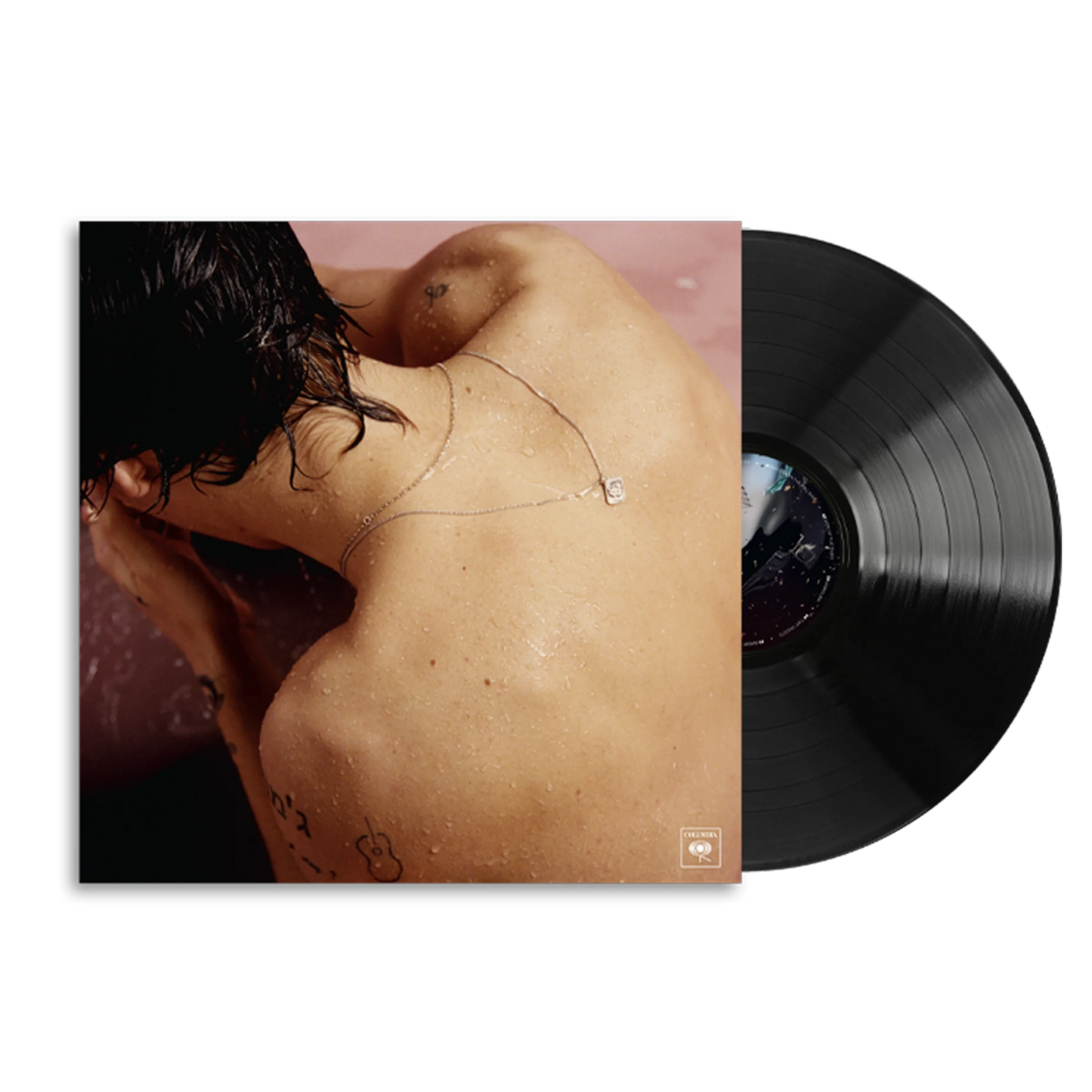 Black Harry Styles vinyl record with debut album cover sleeve artwork, premium Harry Styles official merch collectible