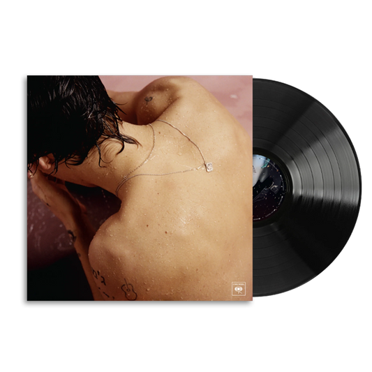 Black Harry Styles vinyl record with debut album cover sleeve artwork, premium Harry Styles official merch collectible