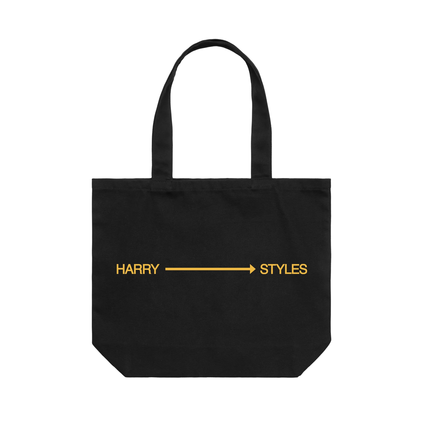Black extra large tote bag from Harry Styles merchandise featuring yellow arrow graphic with Harry Styles text across front panel design