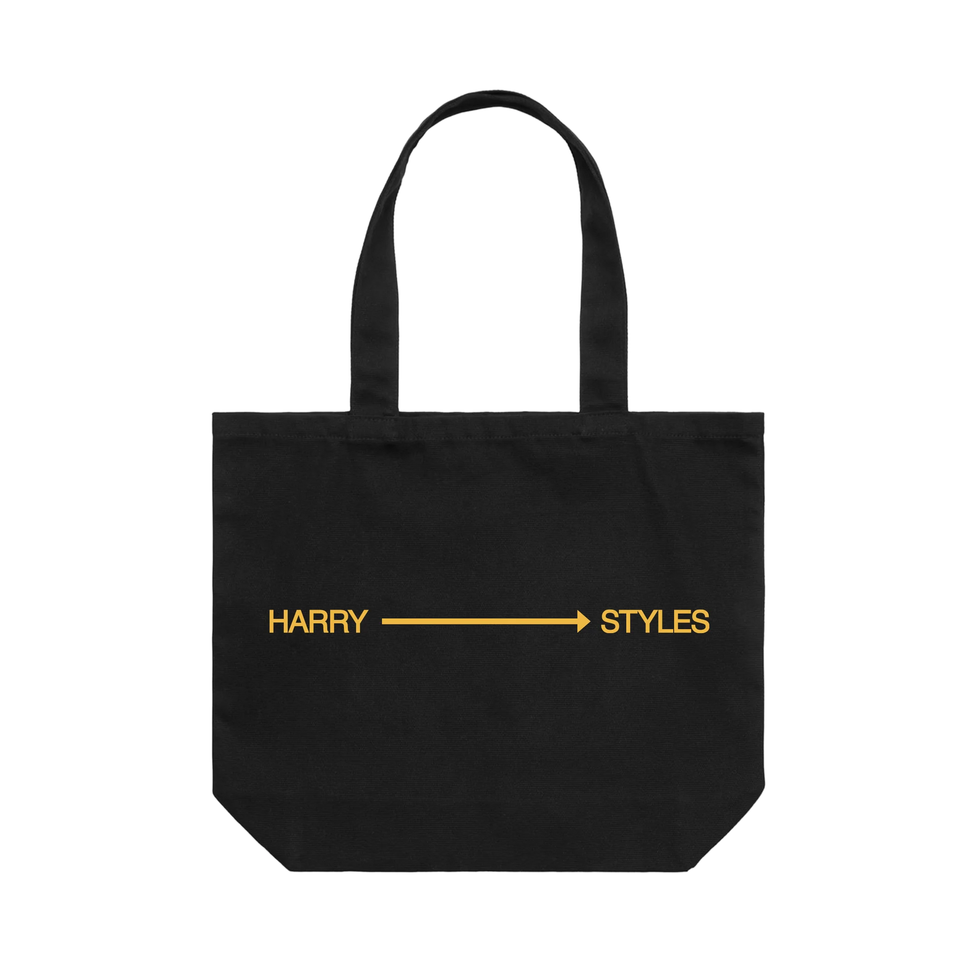 Black extra large tote bag from Harry Styles merchandise featuring yellow arrow graphic with Harry Styles text across front panel design
