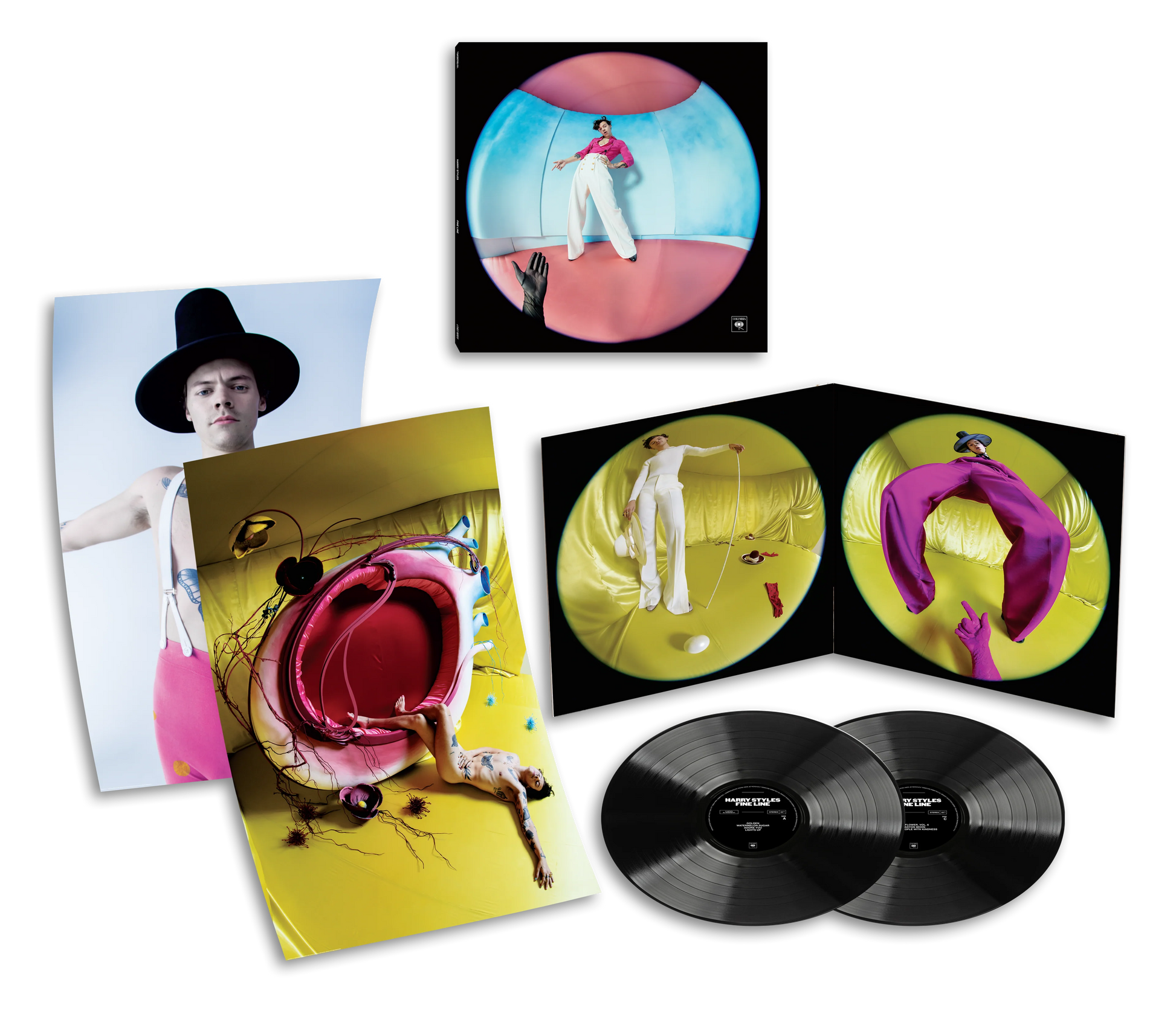 Harry Styles Fine Line vinyl merchandise set with black LPs, gatefold artwork, photo prints and colorful inserts