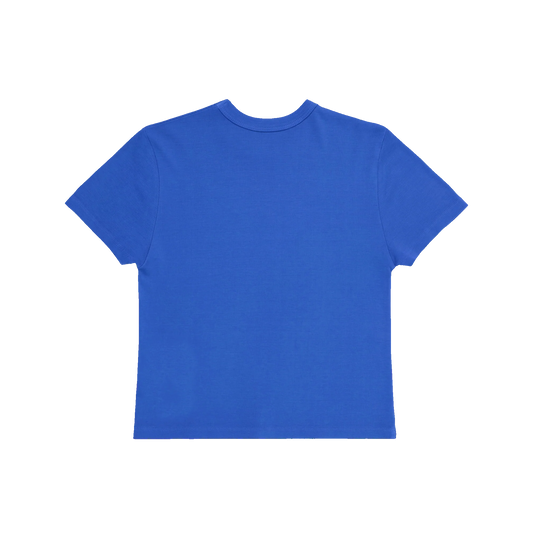 Back view of blue Harry Styles KATTDO Cover Baby Tee with clean minimalist design, fitted silhouette, and lightweight premium cotton construction