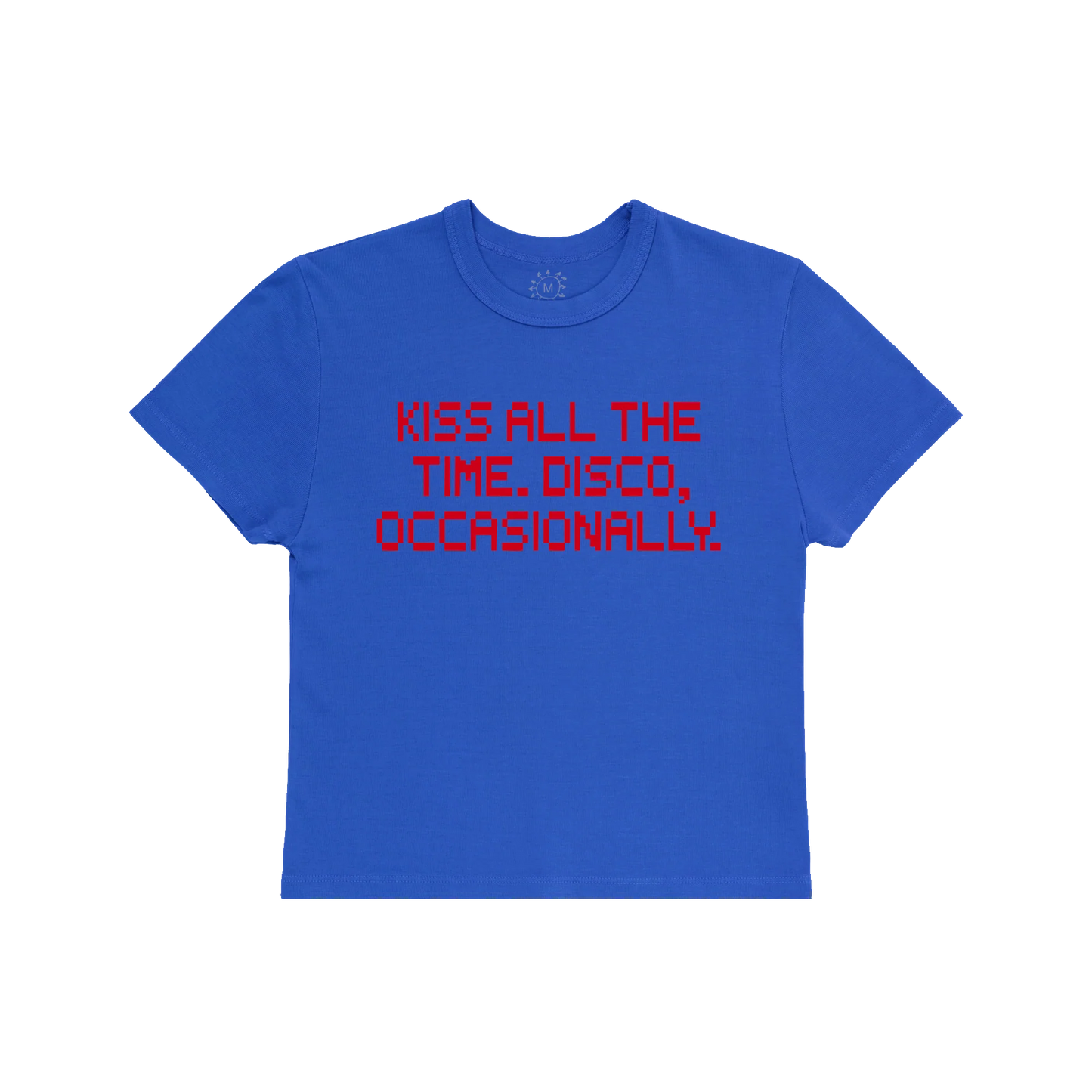 Front view of blue Harry Styles KATTDO Cover Baby Tee featuring Kiss All The Time Disco Occasionally album-inspired pixel text graphic on soft fitted cotton fabric