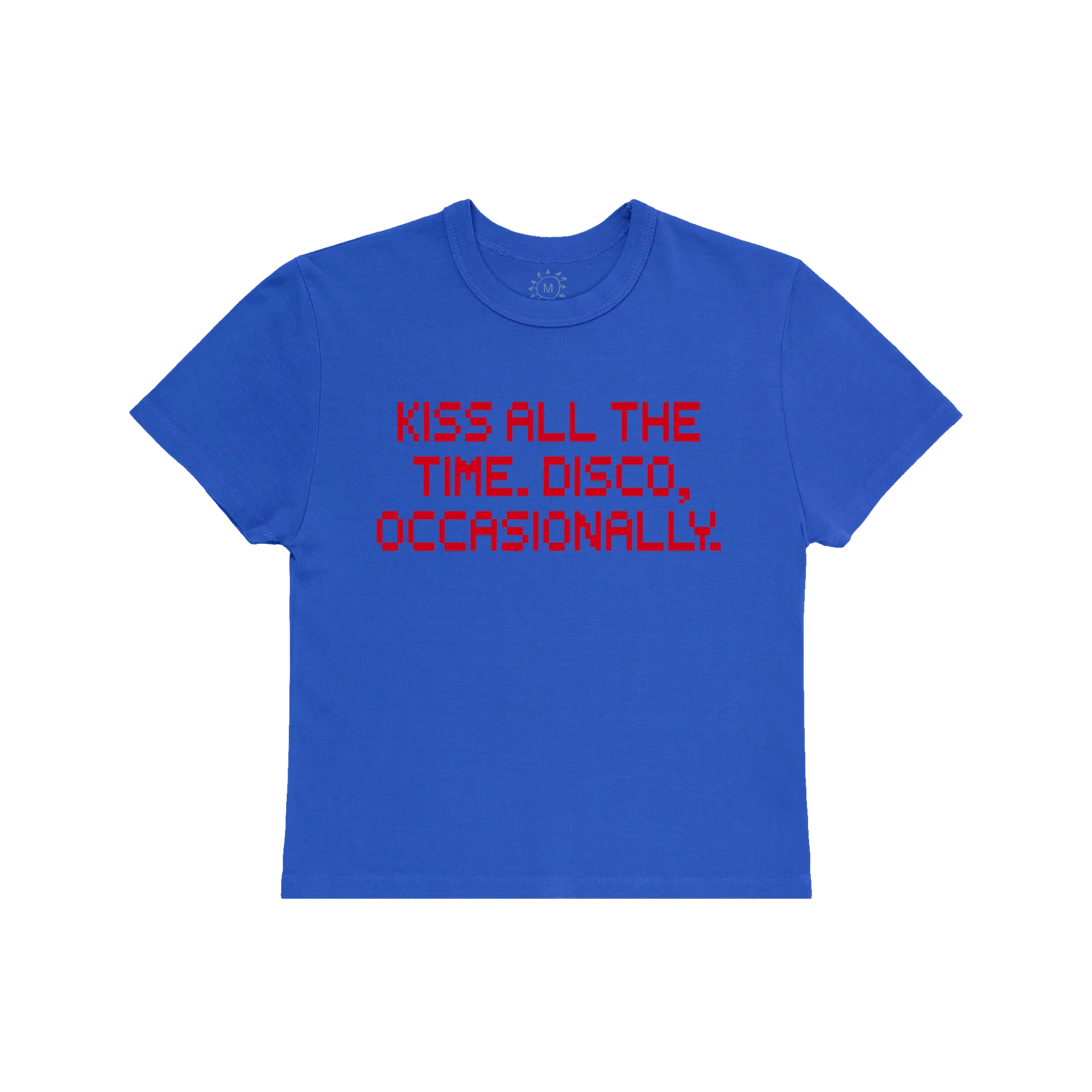 Front view of blue Harry Styles KATTDO Cover Baby Tee featuring Kiss All The Time Disco Occasionally album-inspired pixel text graphic on soft fitted cotton fabric