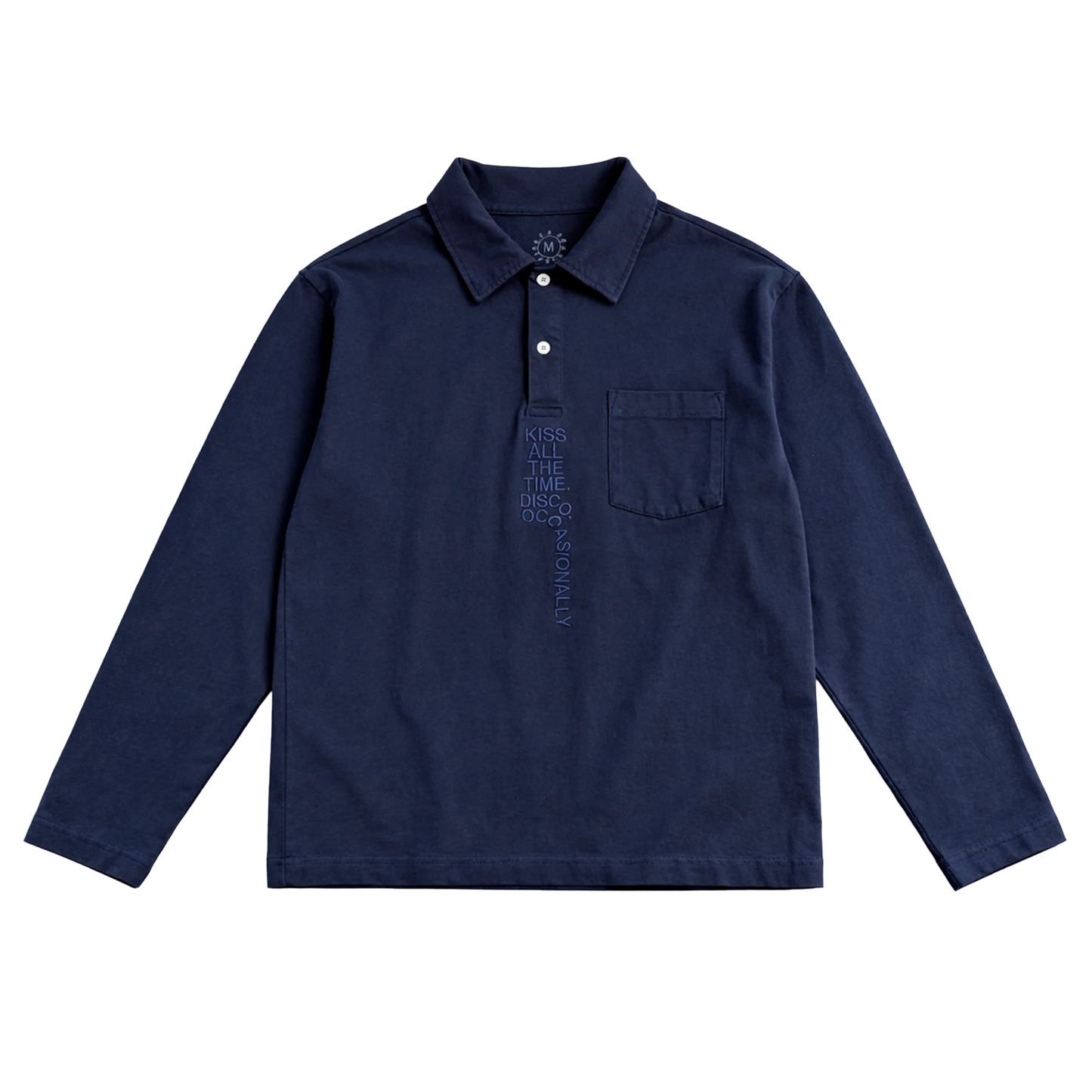 Navy long sleeve rugby shirt from Harry Styles merch featuring embroidered KISS ALL THE TIME DISCO OCCASIONALLY text and chest pocket