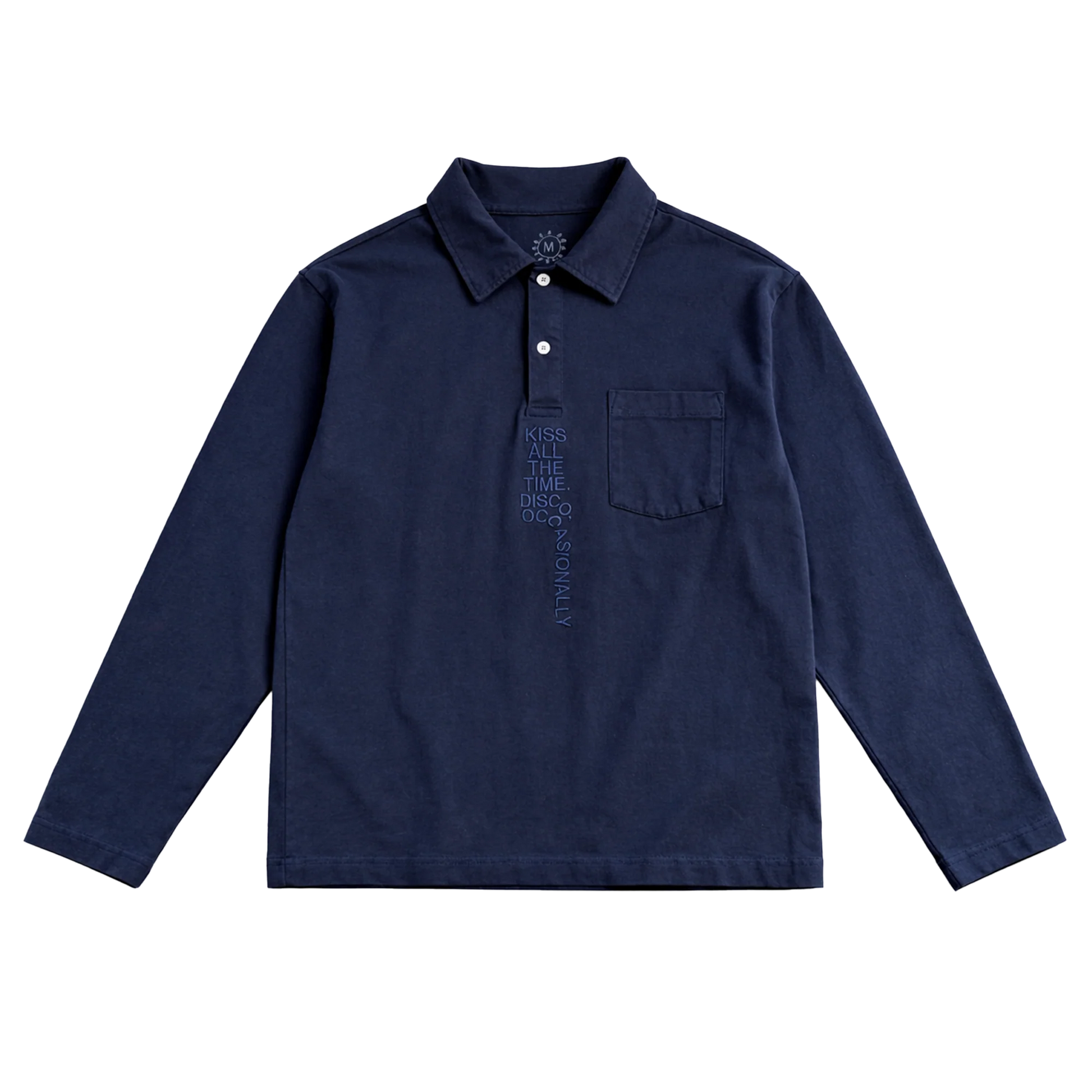 Navy long sleeve rugby shirt from Harry Styles merch featuring embroidered KISS ALL THE TIME DISCO OCCASIONALLY text and chest pocket
