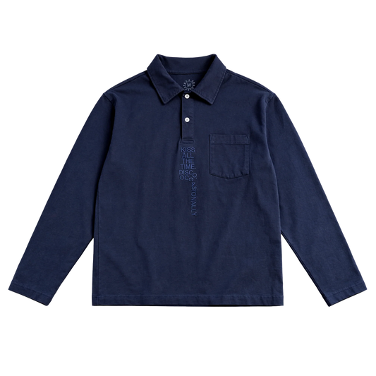 Navy long sleeve rugby shirt from Harry Styles merch featuring embroidered KISS ALL THE TIME DISCO OCCASIONALLY text and chest pocket