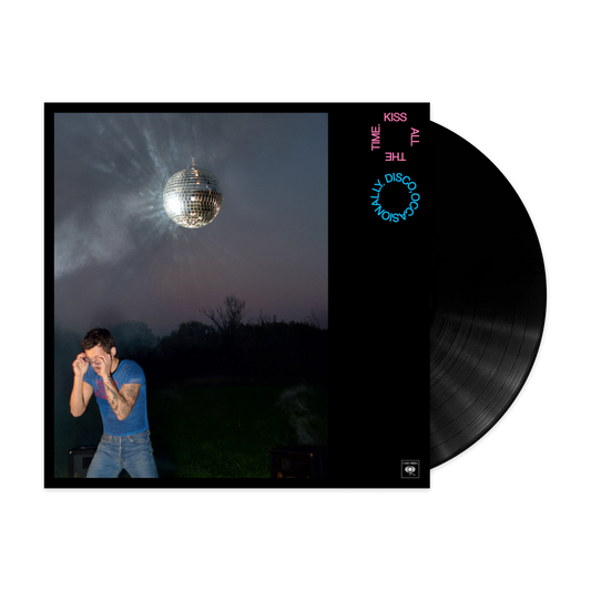 Opened Harry Styles Kiss All The Time Disco Occasionally Black Vinyl set displaying black record LP, album artwork, holographic sleeve and collectible inserts booklet pages
