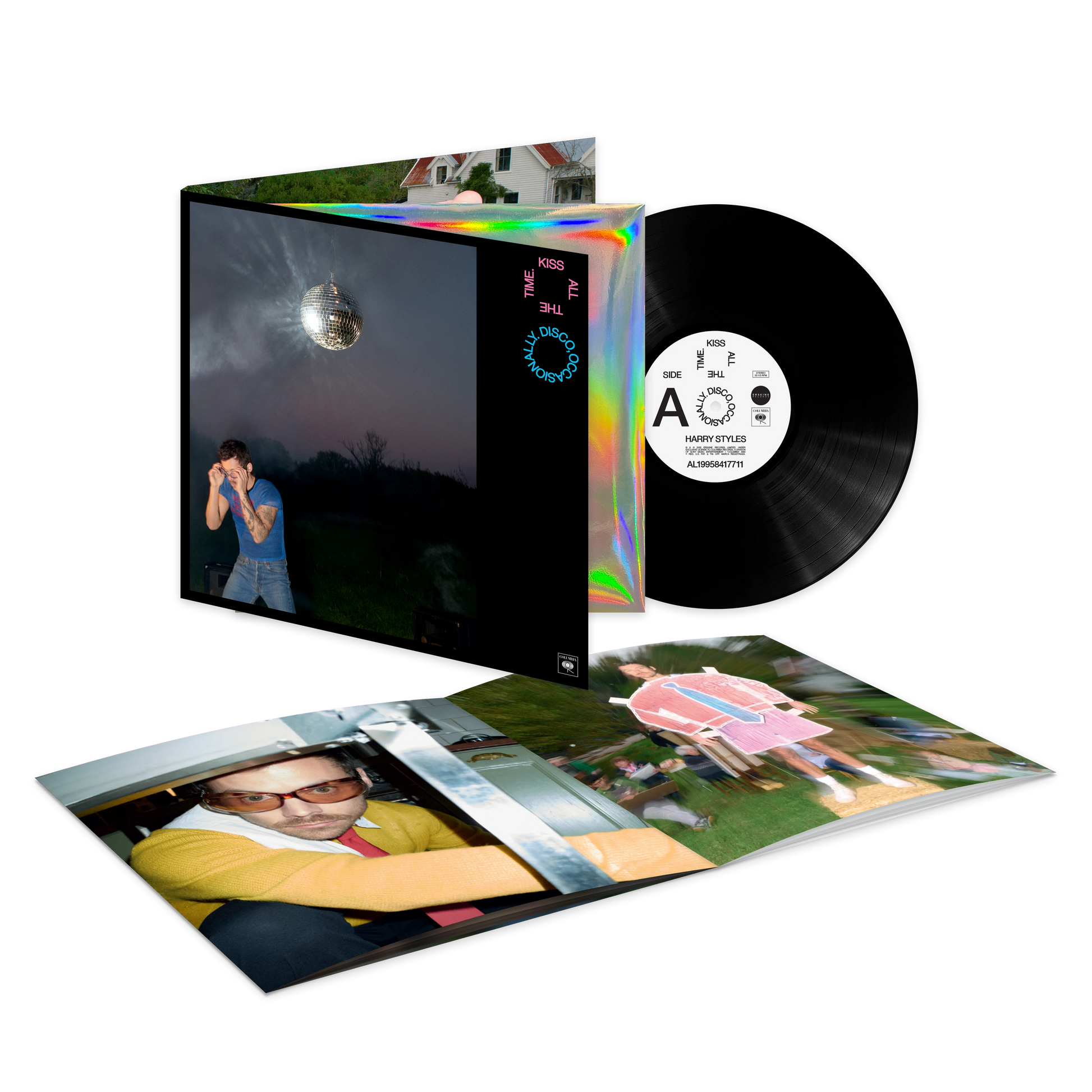 Opened Harry Styles Kiss All The Time Disco Occasionally Black Vinyl set displaying black record LP, album artwork, holographic sleeve and collectible inserts booklet pages