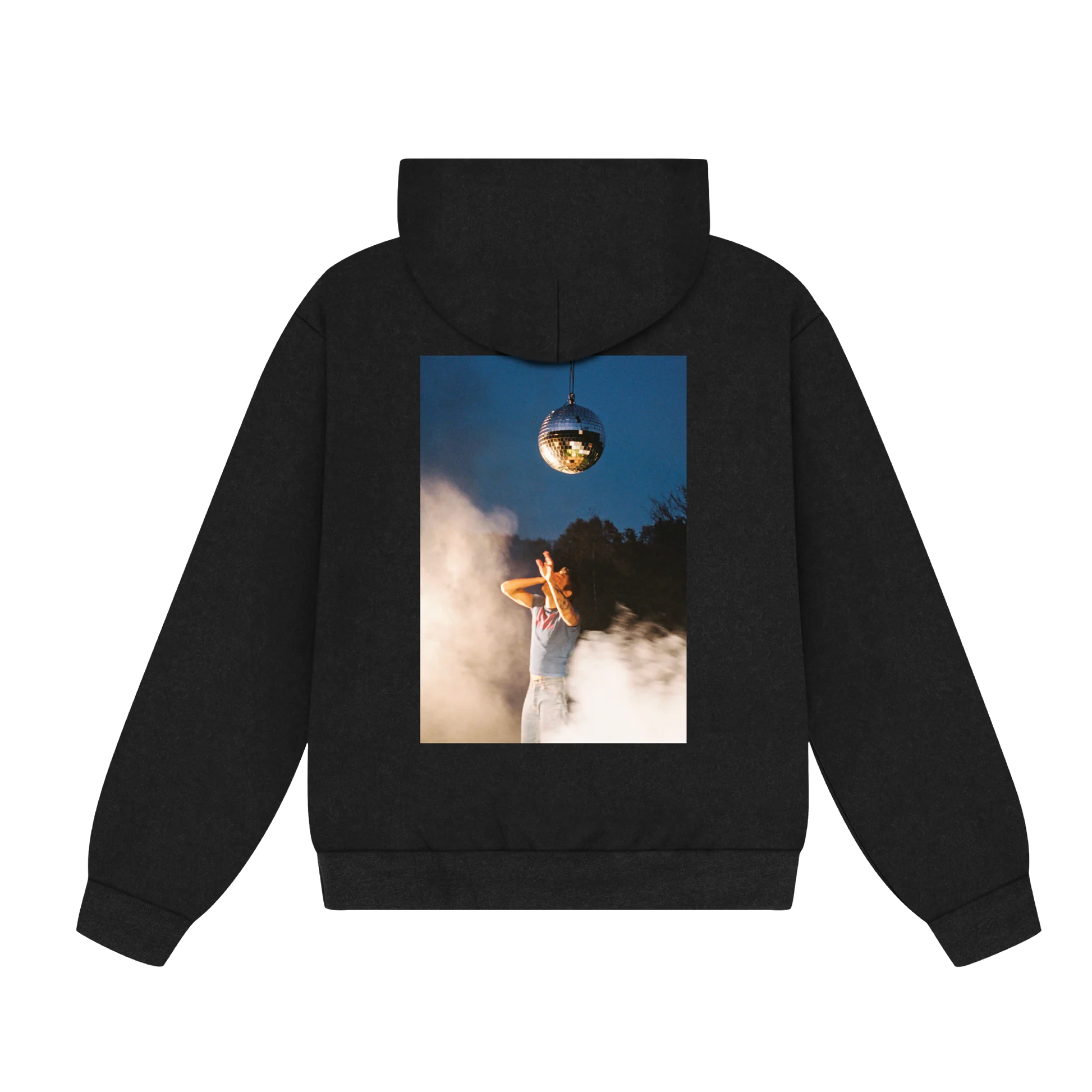 Back view of black Harry Styles hoodie featuring disco ball photo artwork from the Kiss All The Time Disco Occasionally collection with oversized streetwear fit
