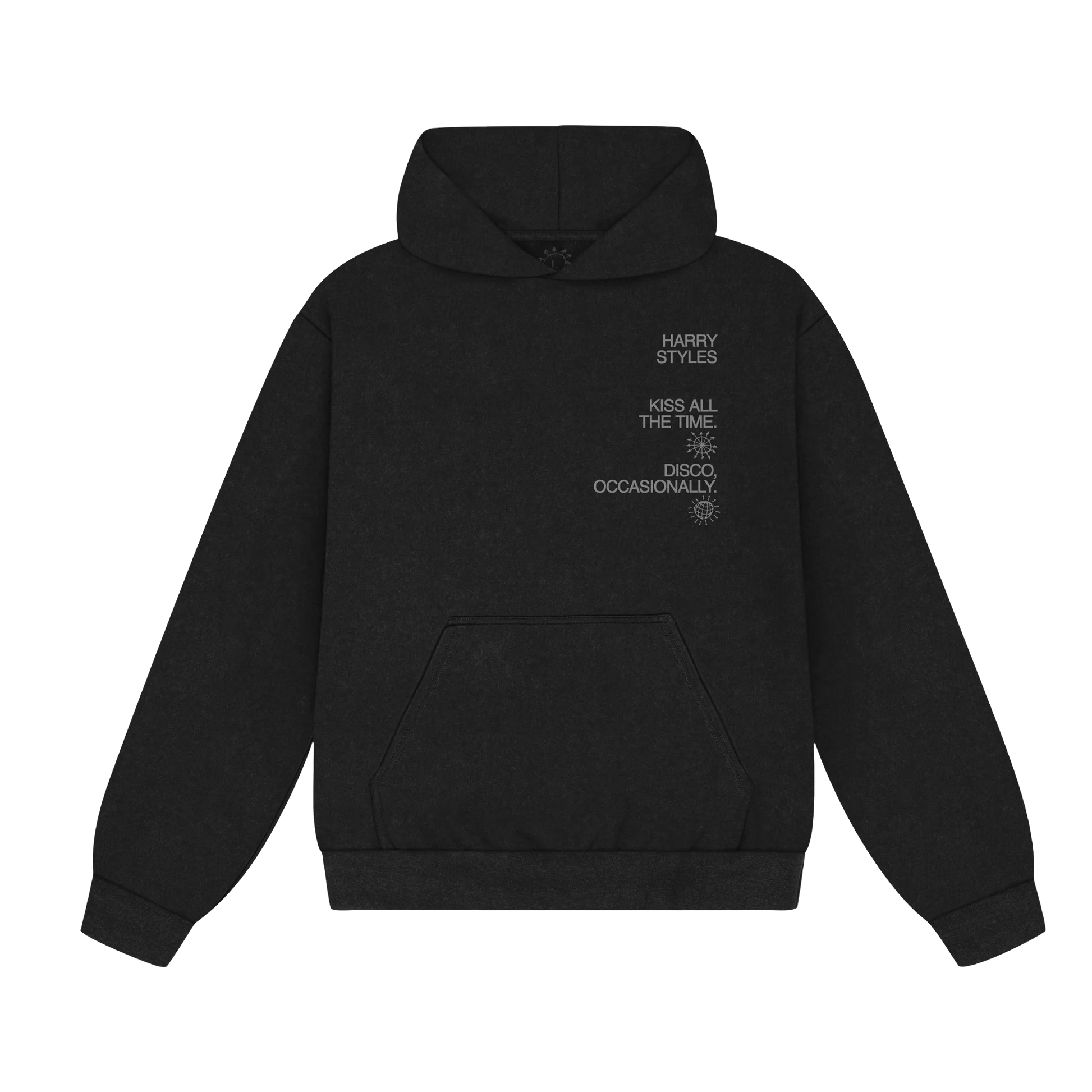 Front view of black Harry Styles hoodie featuring Kiss All The Time Disco Occasionally text graphic with relaxed fit, kangaroo pocket, and premium heavyweight fabric