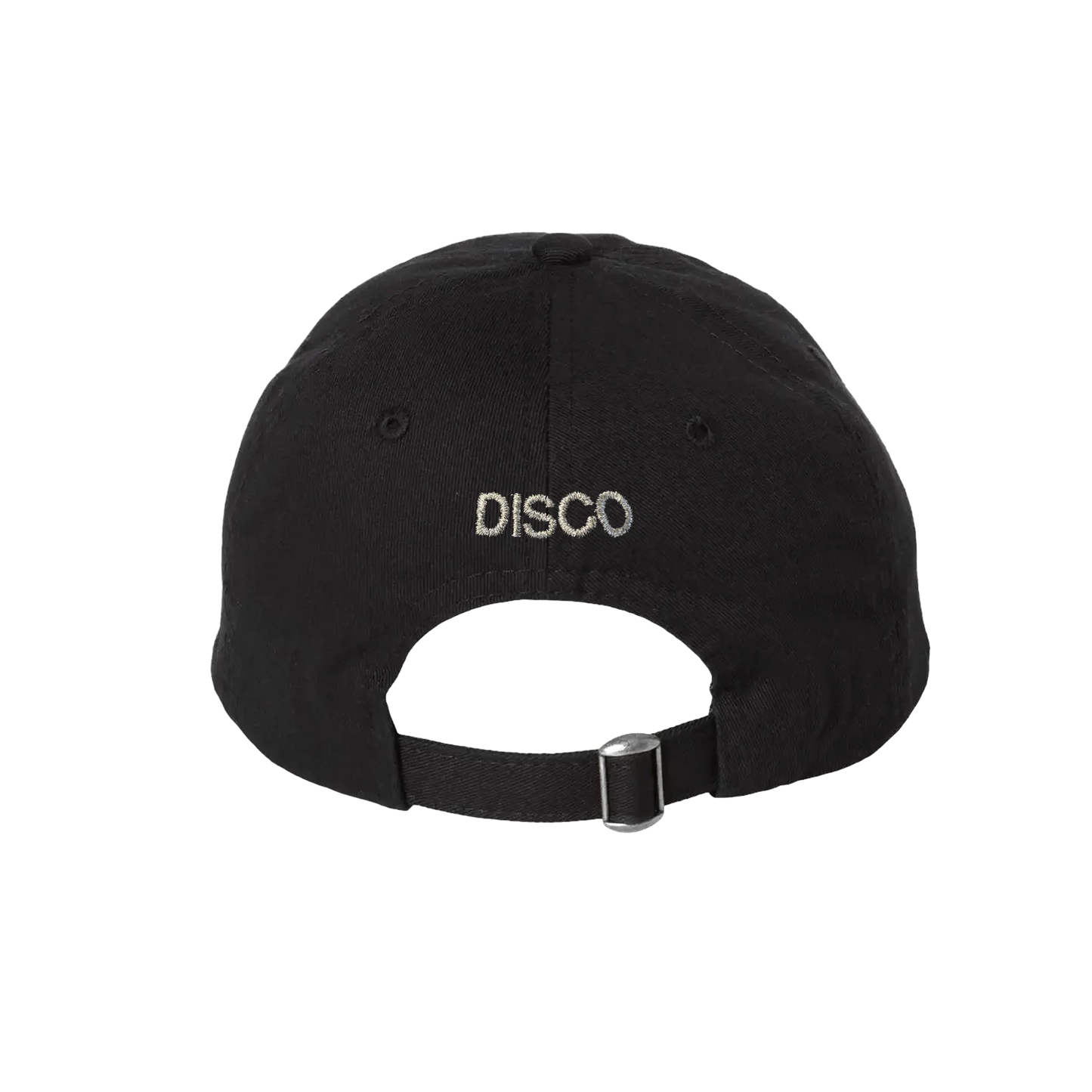 Black adjustable cap from Harry Styles official merch featuring white DISCO embroidery on back with metal strap closure detail