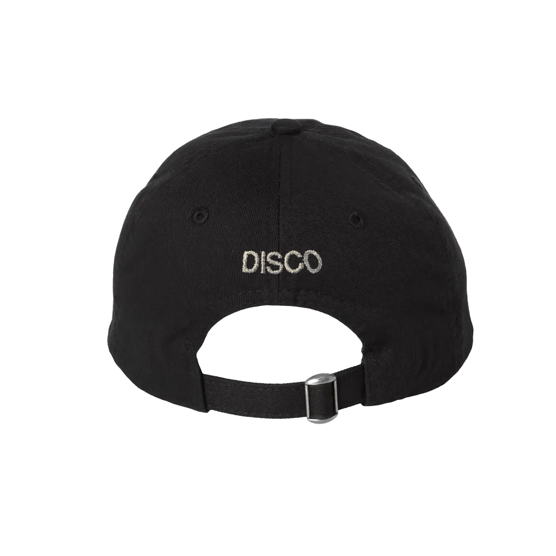Black adjustable cap from Harry Styles official merch featuring white DISCO embroidery on back with metal strap closure detail