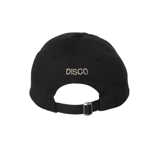 Black adjustable cap from Harry Styles official merch featuring white DISCO embroidery on back with metal strap closure detail