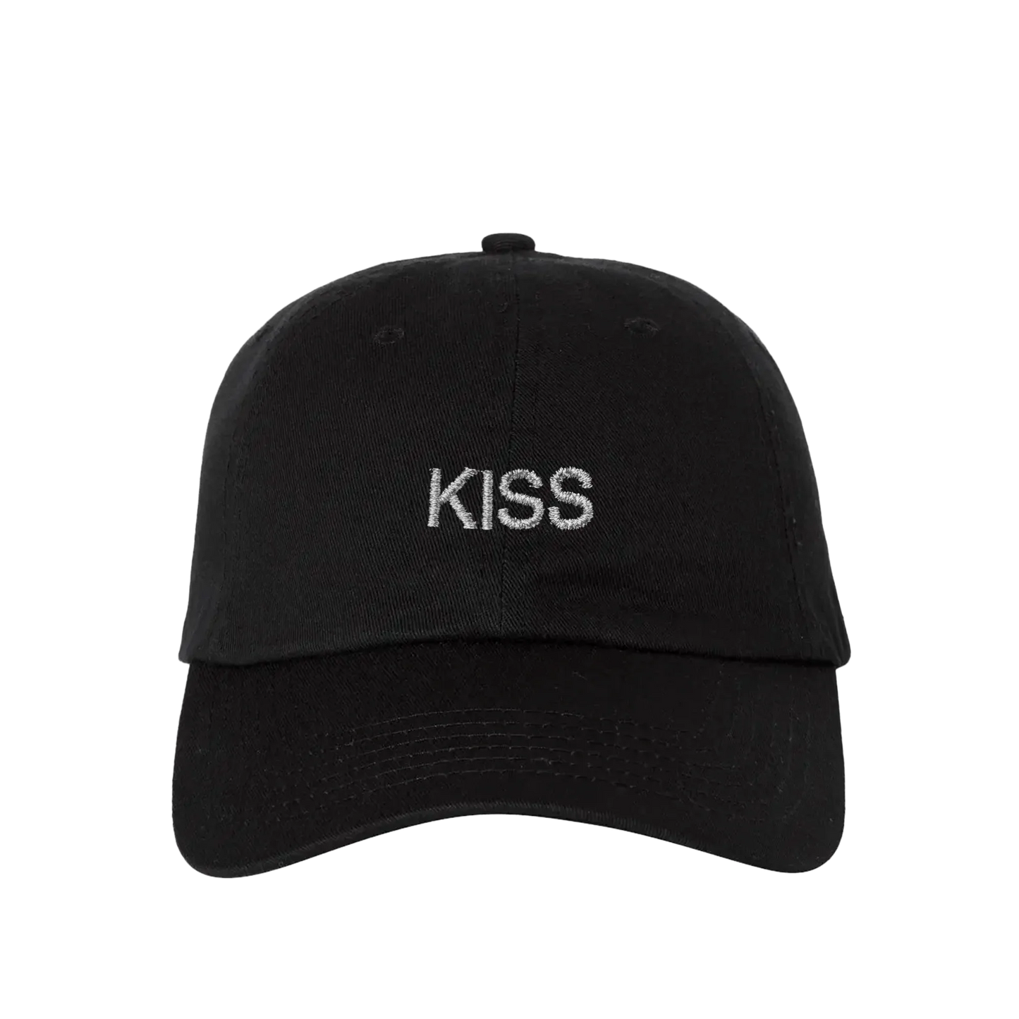 Black baseball cap from Harry Styles merch featuring white KISS embroidery on front panel with curved brim design