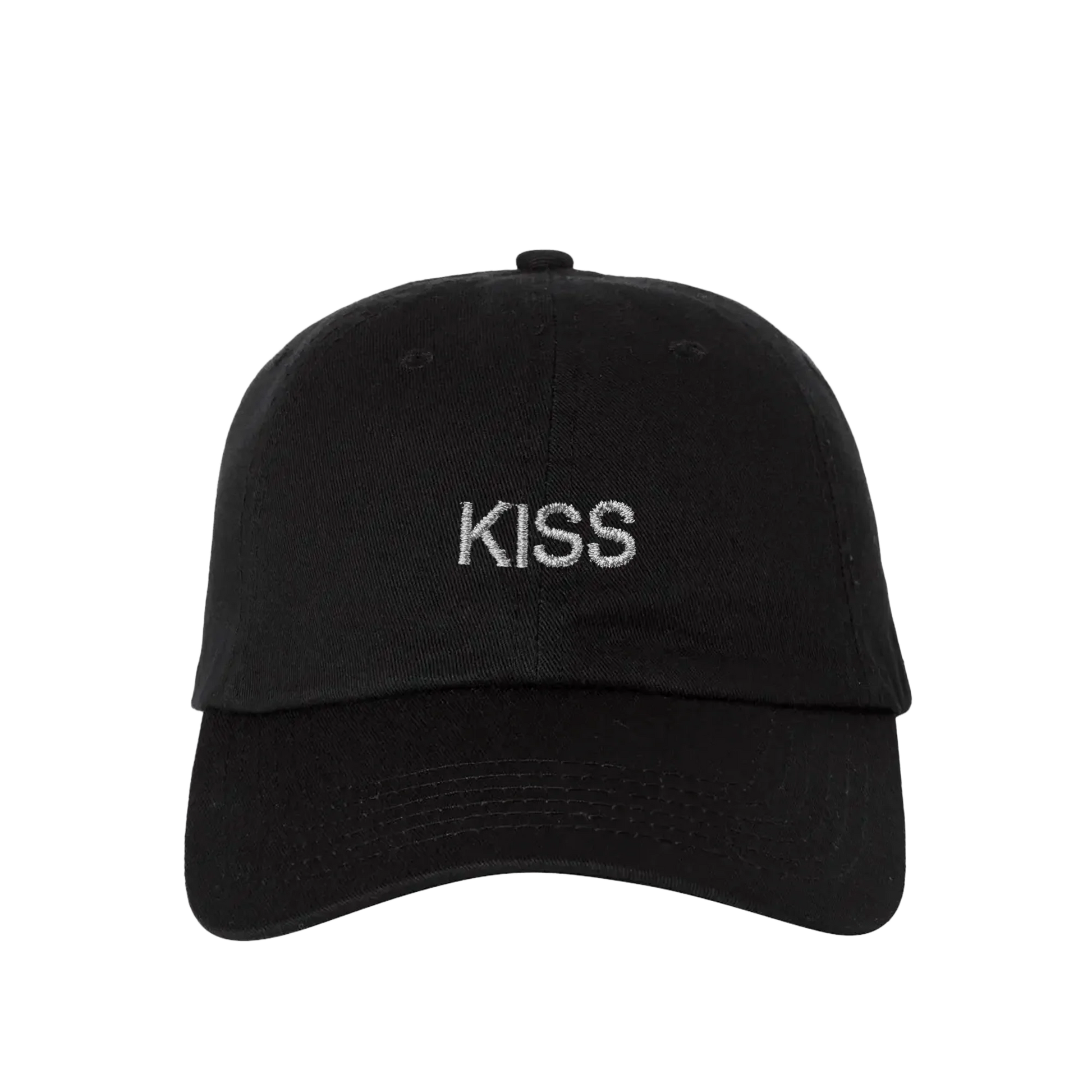 Black baseball cap from Harry Styles merch featuring white KISS embroidery on front panel with curved brim design
