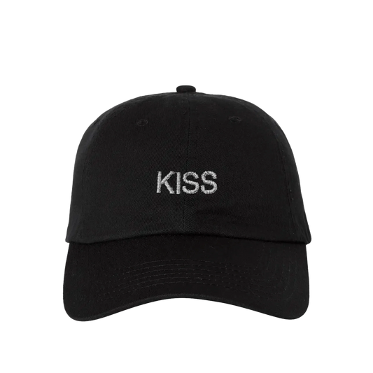 Black baseball cap from Harry Styles merch featuring white KISS embroidery on front panel with curved brim design