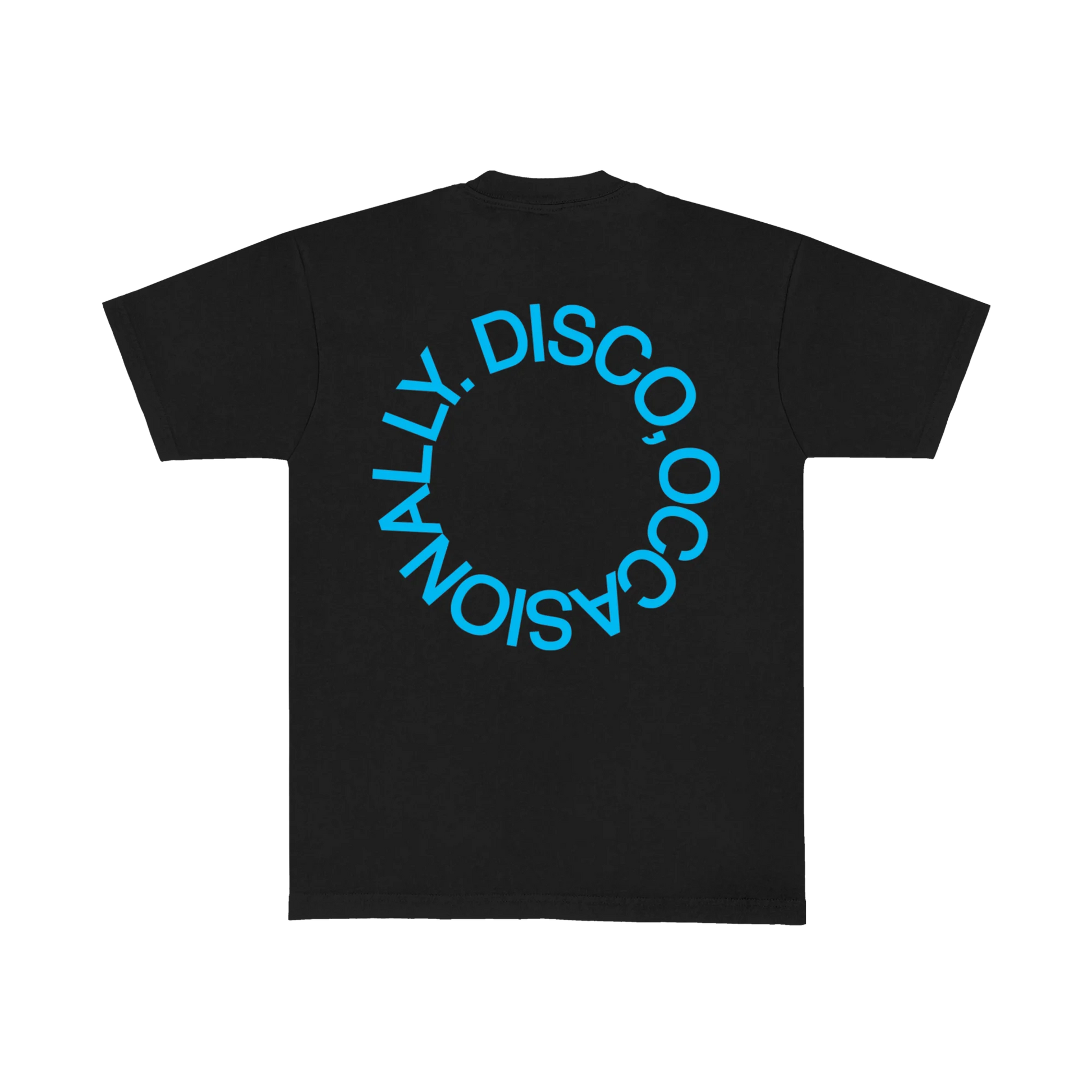 Black t shirt from Harry Styles official merch featuring blue DISCO OCCASIONALLY circular graphic artwork printed on back panel