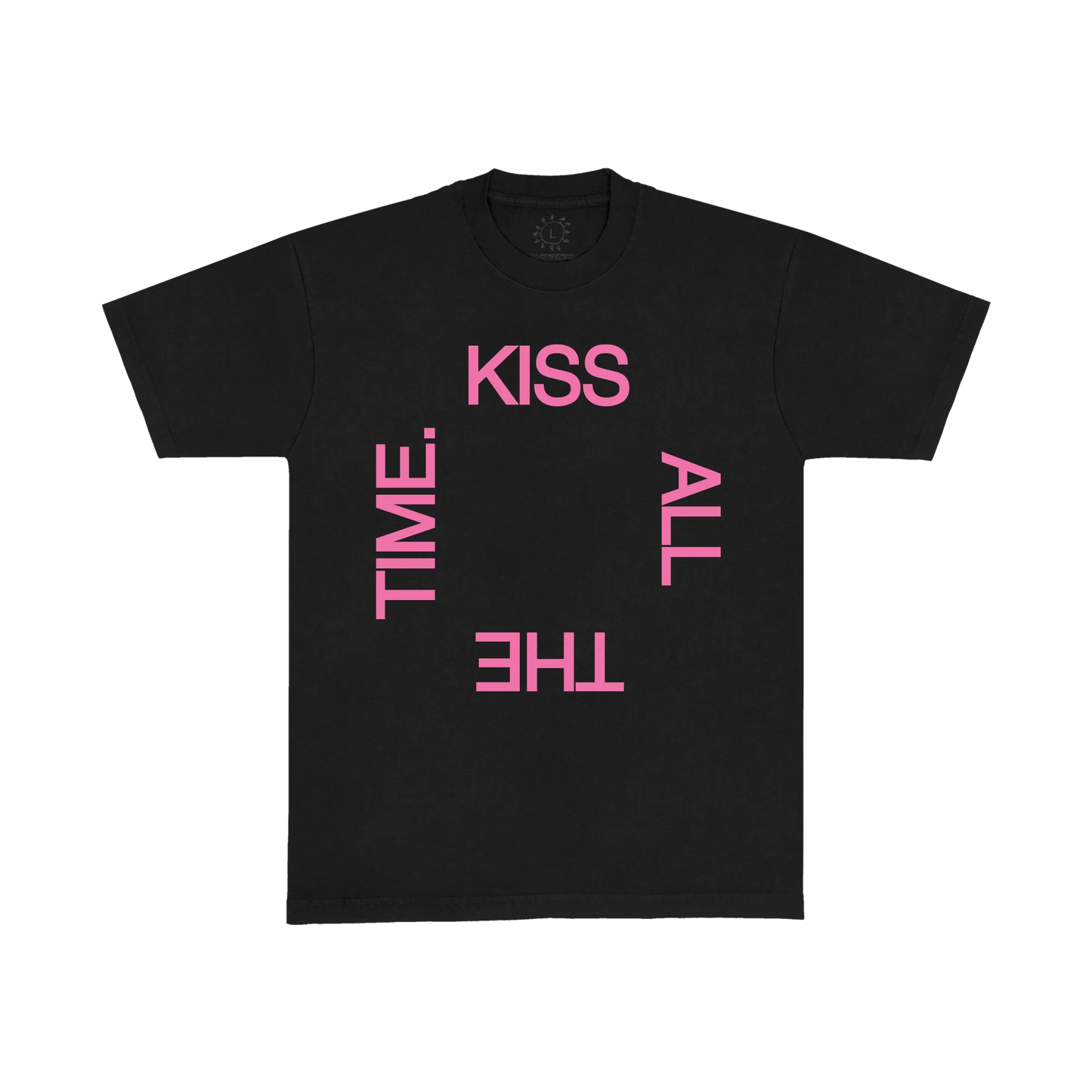 Black t shirt from Harry Styles merch featuring bold pink KISS ALL THE TIME typography graphic printed across the front