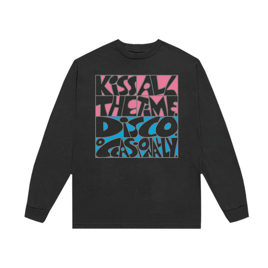 Washed black long sleeve t shirt from Harry Styles merch featuring colorful KISS ALL THE TIME DISCO OCCASIONALLY graphic artwork printed on front