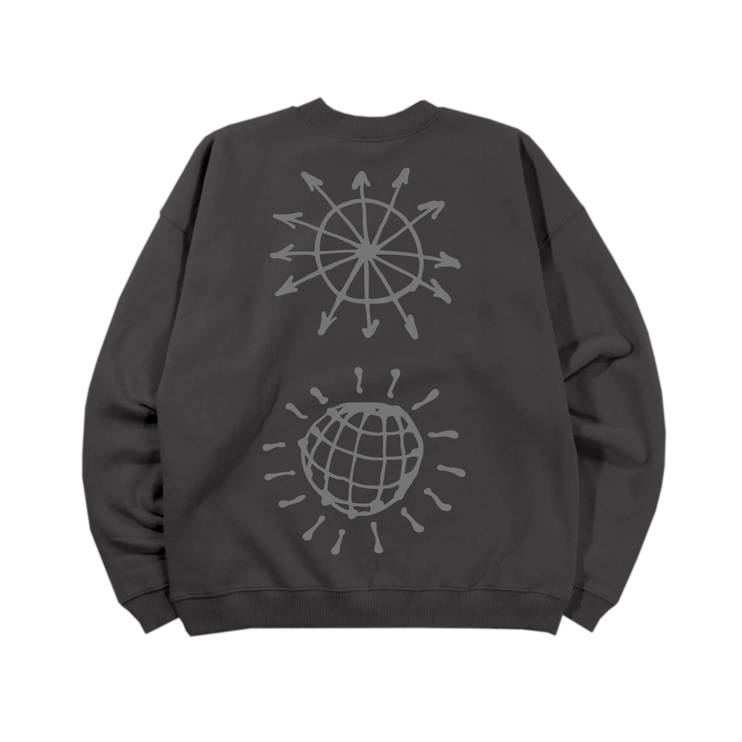Back view of washed charcoal Harry Styles crewneck featuring large reflective sunburst and disco ball artwork inspired by Kiss Disco collection aesthetic