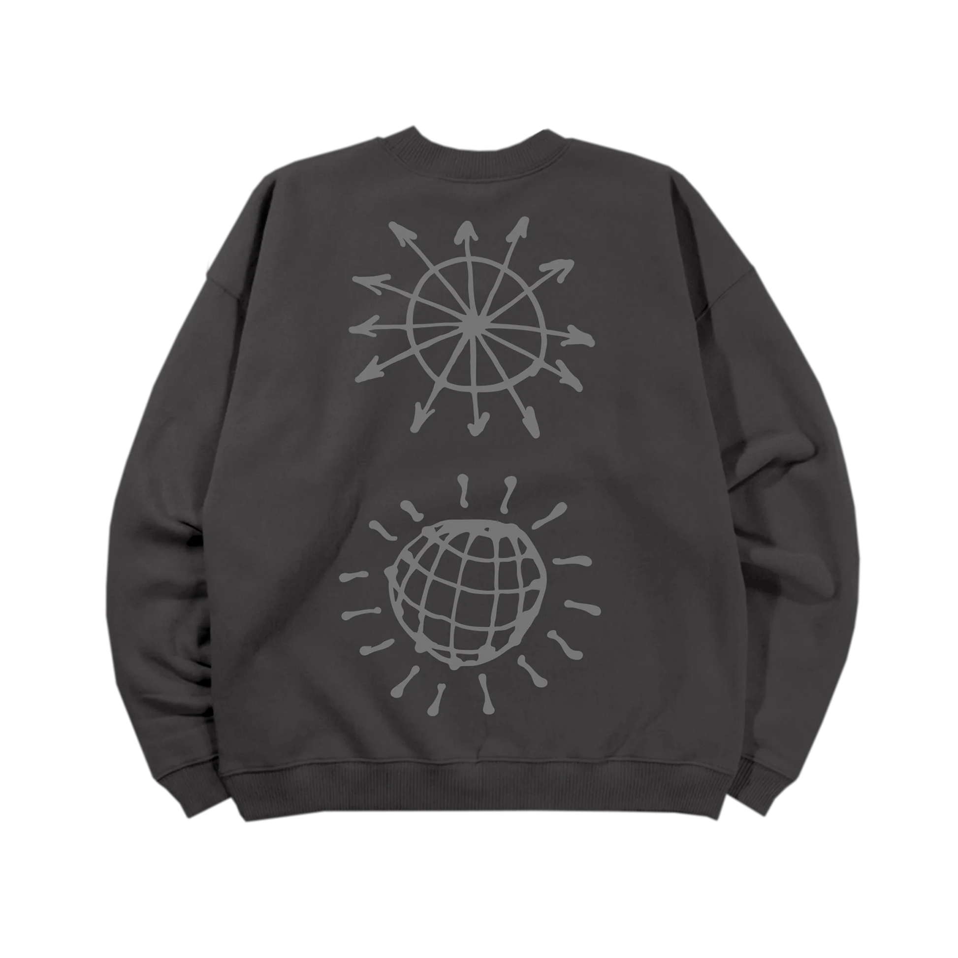 Back view of washed charcoal Harry Styles crewneck featuring large reflective sunburst and disco ball artwork inspired by Kiss Disco collection aesthetic