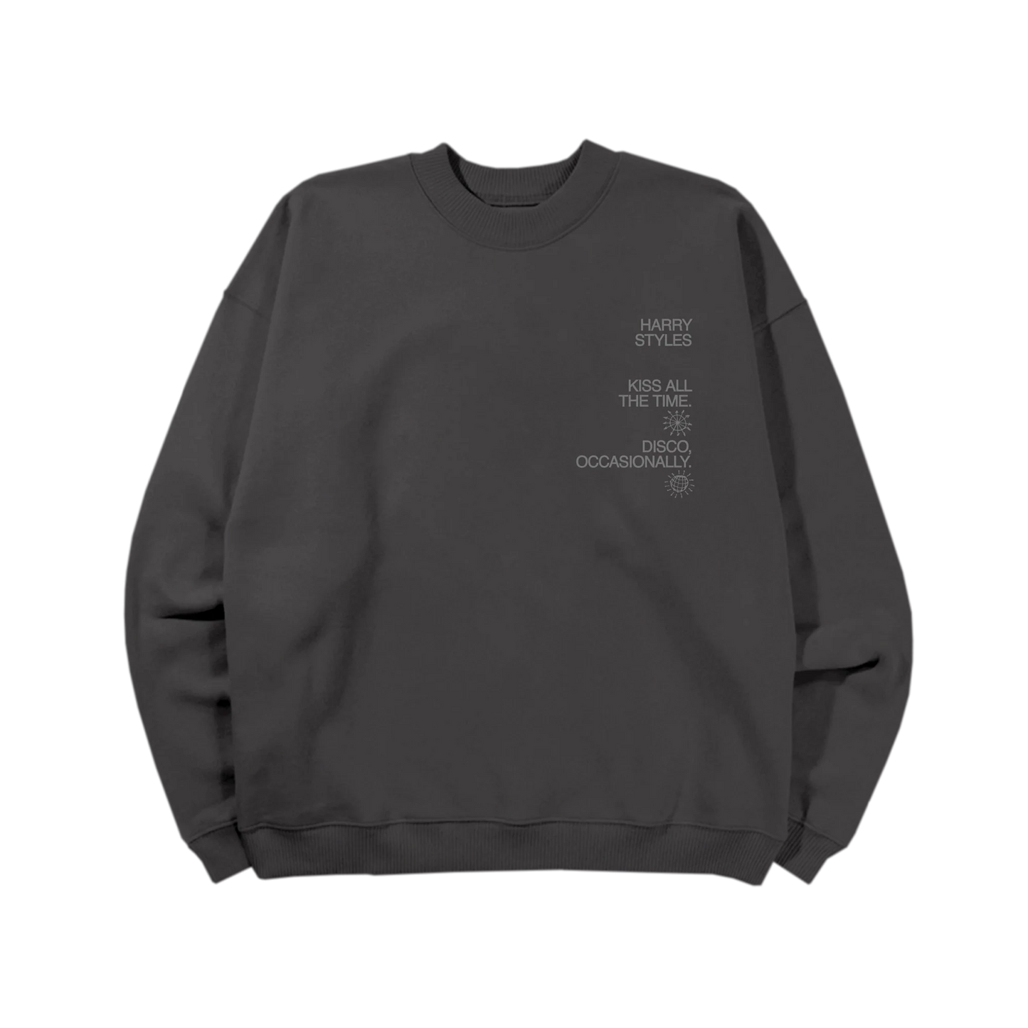 Washed charcoal Harry Styles crewneck featuring Kiss All The Time Disco Occasionally reflective chest graphic with subtle tonal print and oversized fit