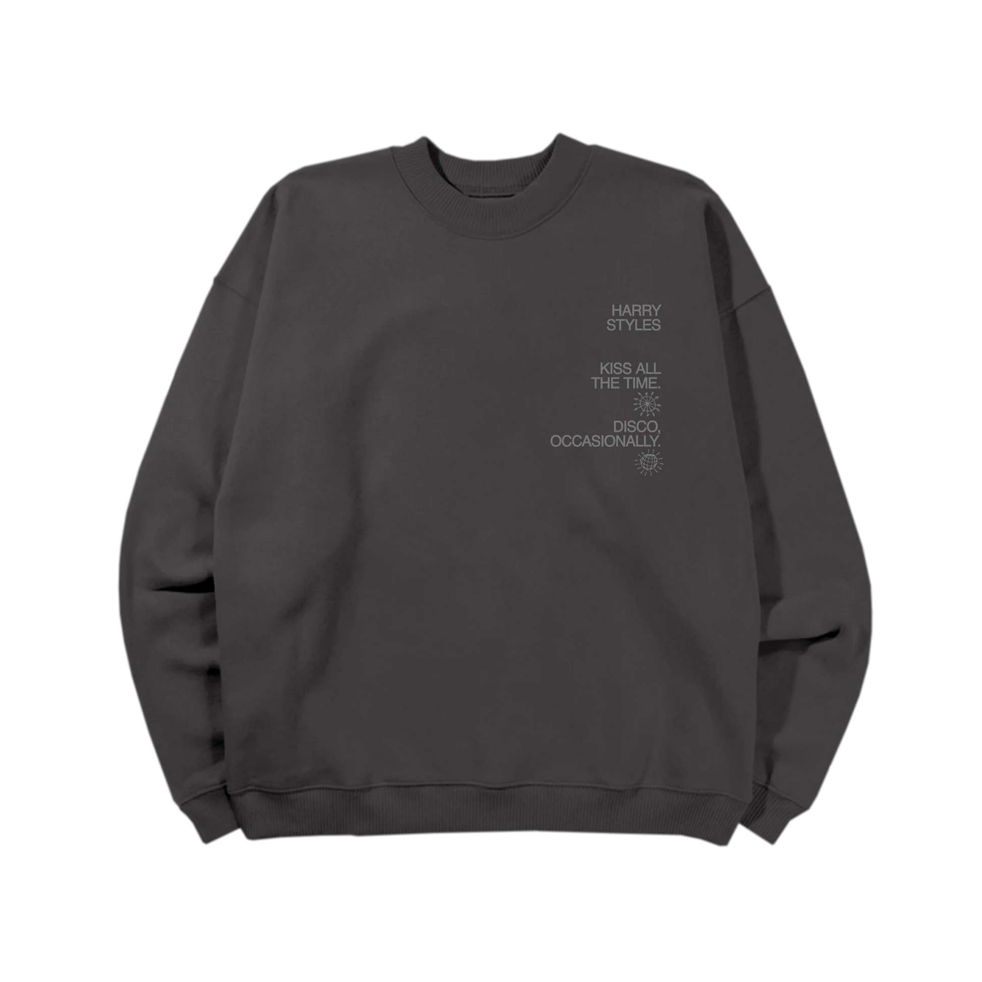 Washed charcoal Harry Styles crewneck featuring Kiss All The Time Disco Occasionally reflective chest graphic with subtle tonal print and oversized fit