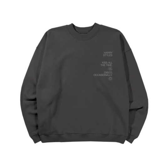 Washed charcoal Harry Styles crewneck featuring Kiss All The Time Disco Occasionally reflective chest graphic with subtle tonal print and oversized fit