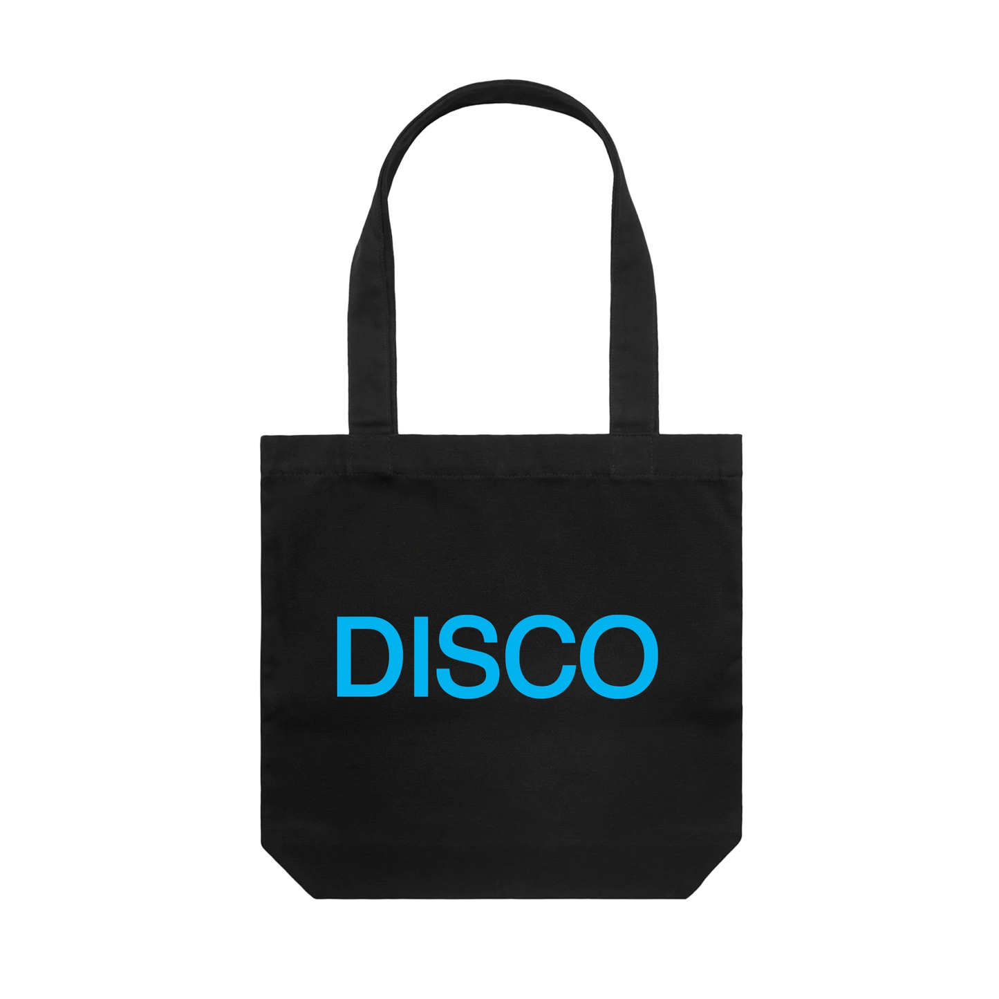 Black tote bag from Harry Styles official merch featuring bold blue DISCO graphic printed across the back panel