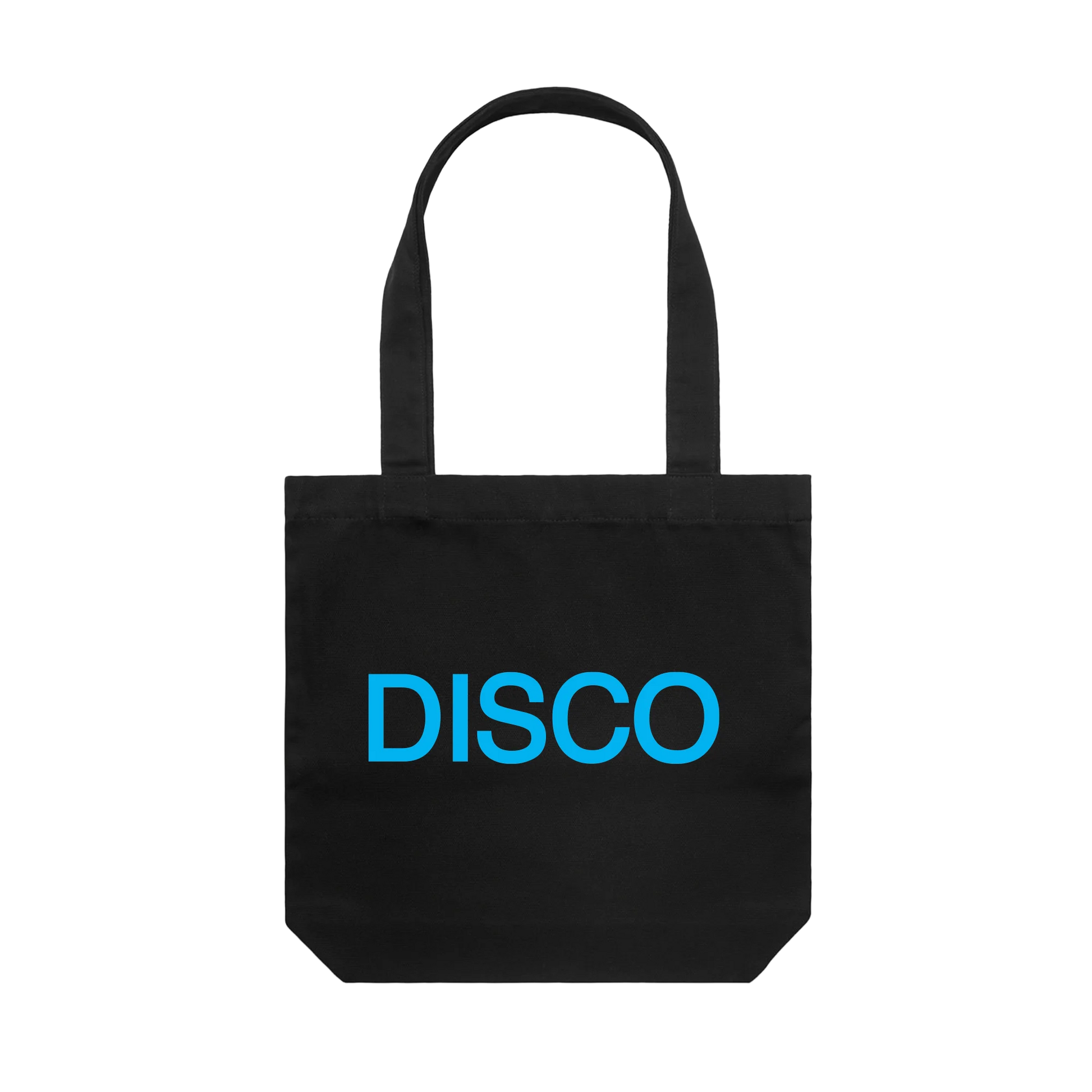 Black tote bag from Harry Styles official merch featuring bold blue DISCO graphic printed across the back panel