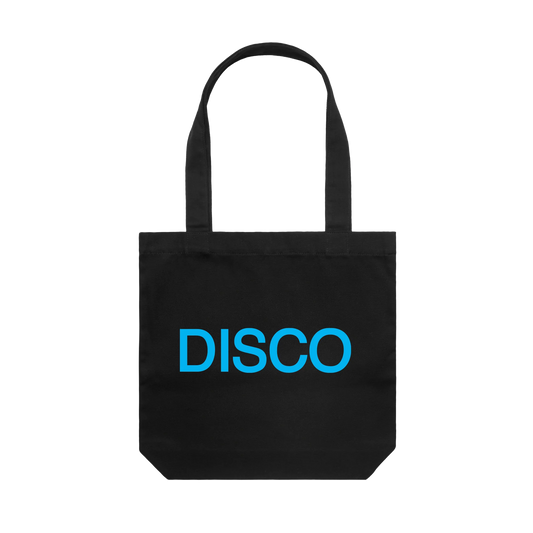 Black tote bag from Harry Styles official merch featuring bold blue DISCO graphic printed across the back panel