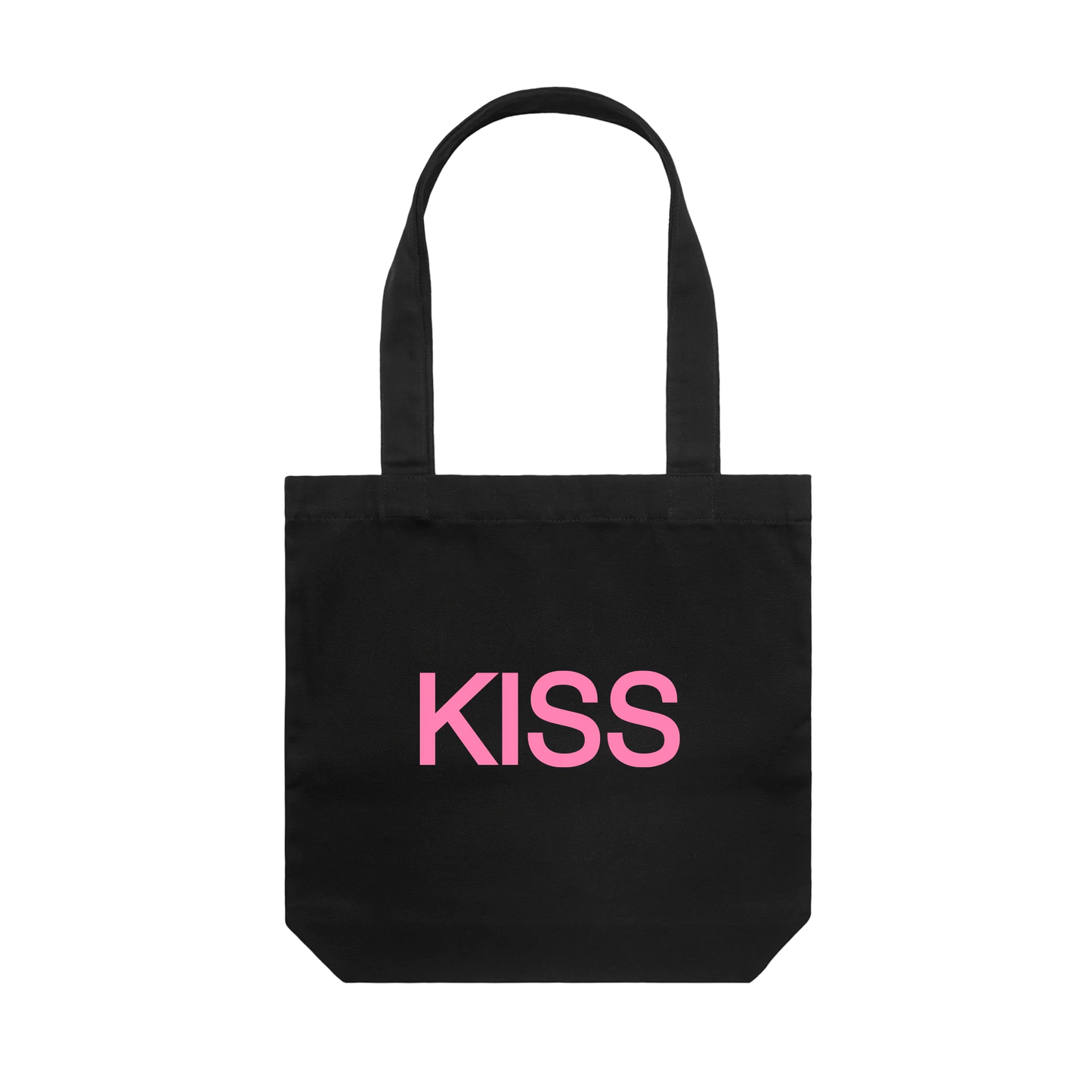 Black tote bag from Harry Styles merchandise featuring bold pink KISS graphic printed across the front panel