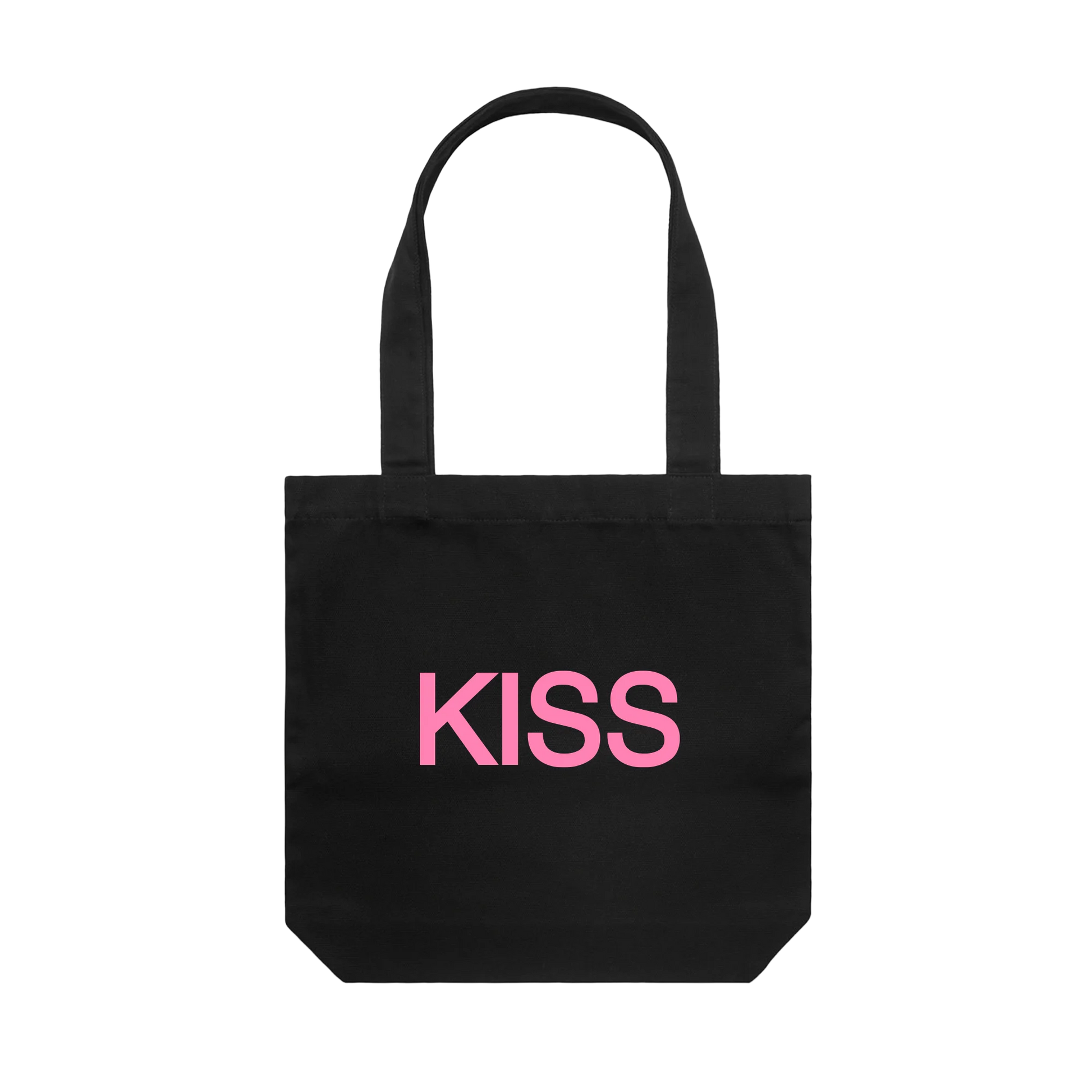 Black tote bag from Harry Styles merchandise featuring bold pink KISS graphic printed across the front panel