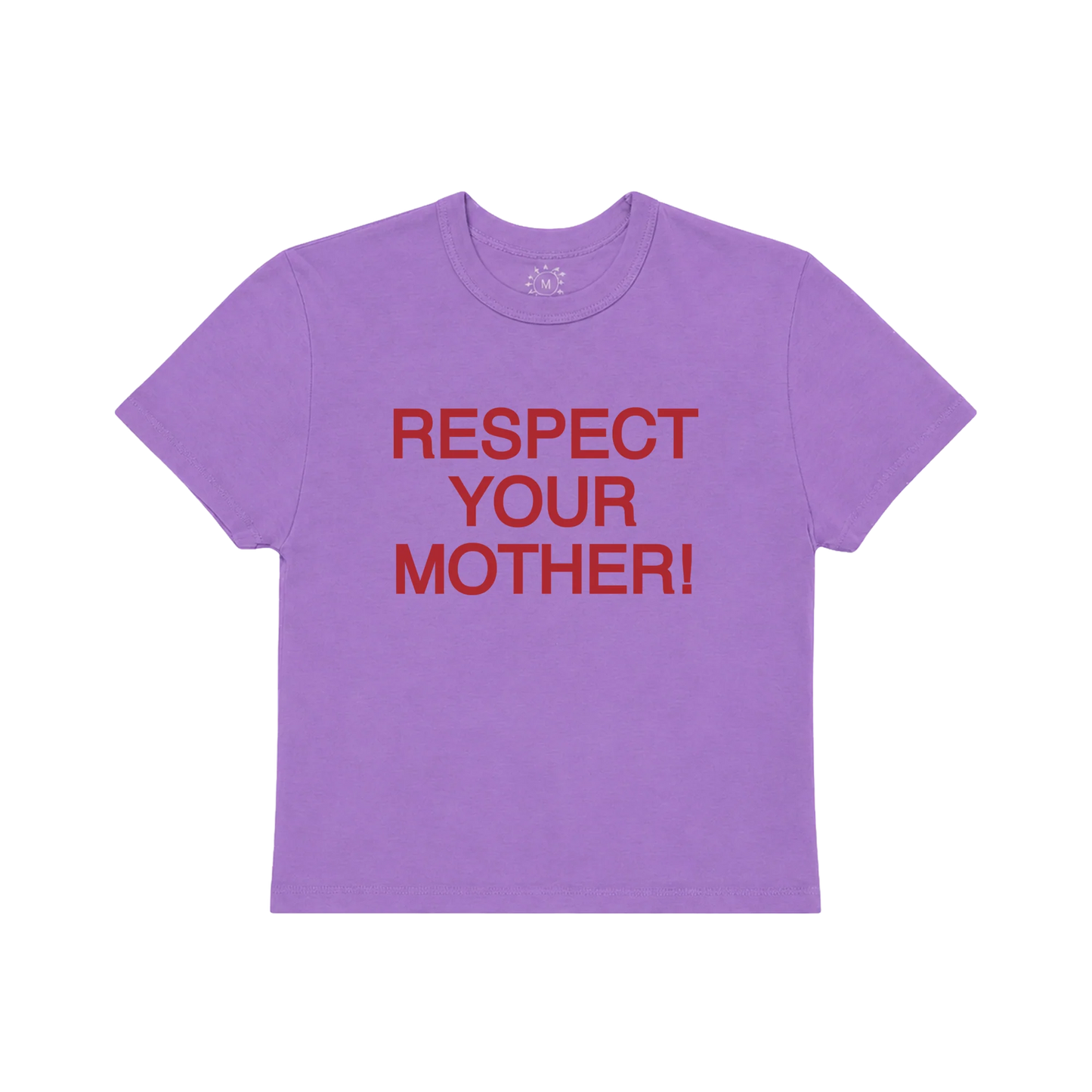 Purple baby t shirt from Harry Styles merch featuring bold red Respect Your Mother graphic print centered on front chest