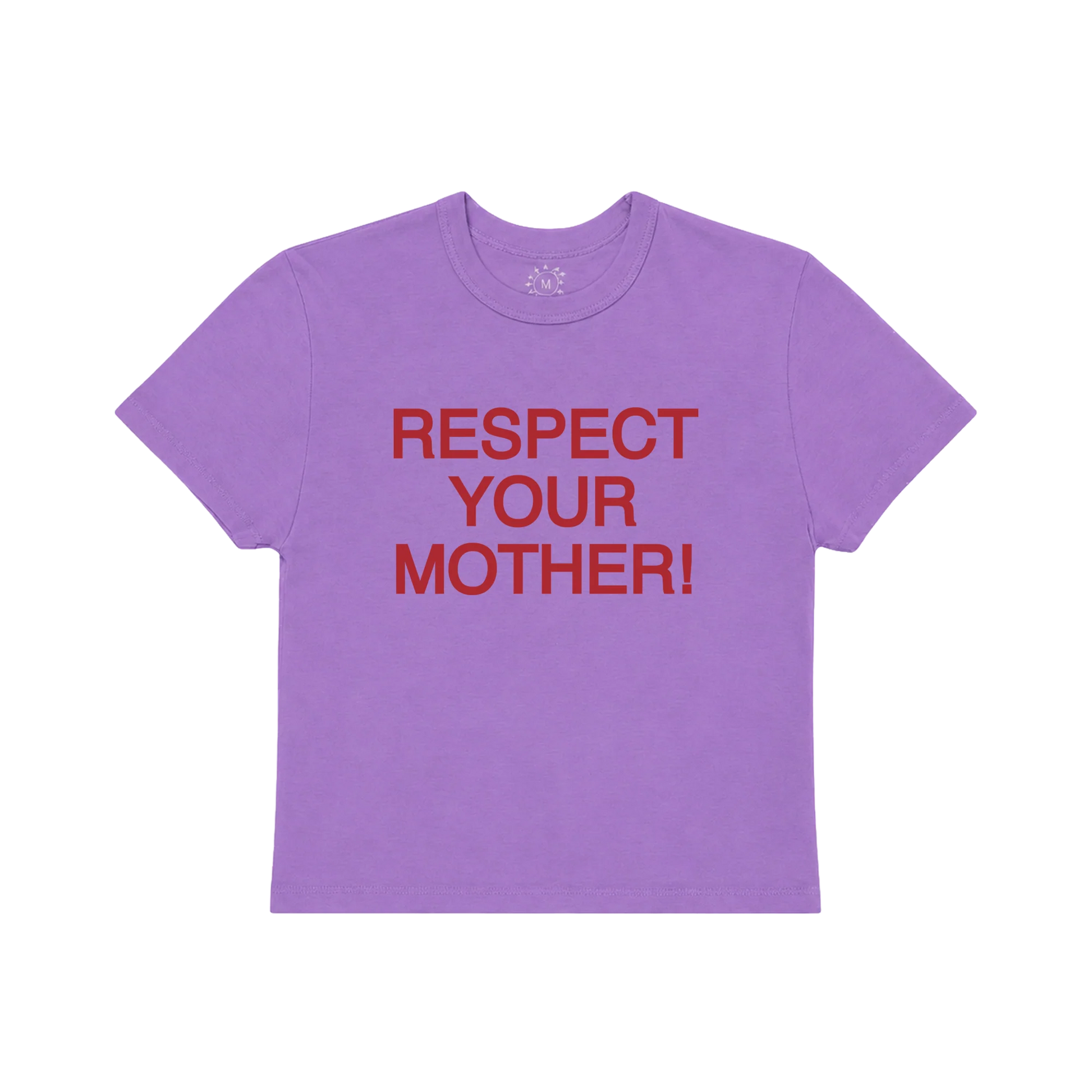 Purple baby t shirt from Harry Styles merch featuring bold red Respect Your Mother graphic print centered on front chest
