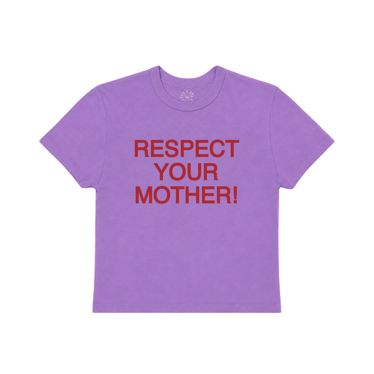 Purple baby t shirt from Harry Styles merch featuring bold red Respect Your Mother graphic print centered on front chest