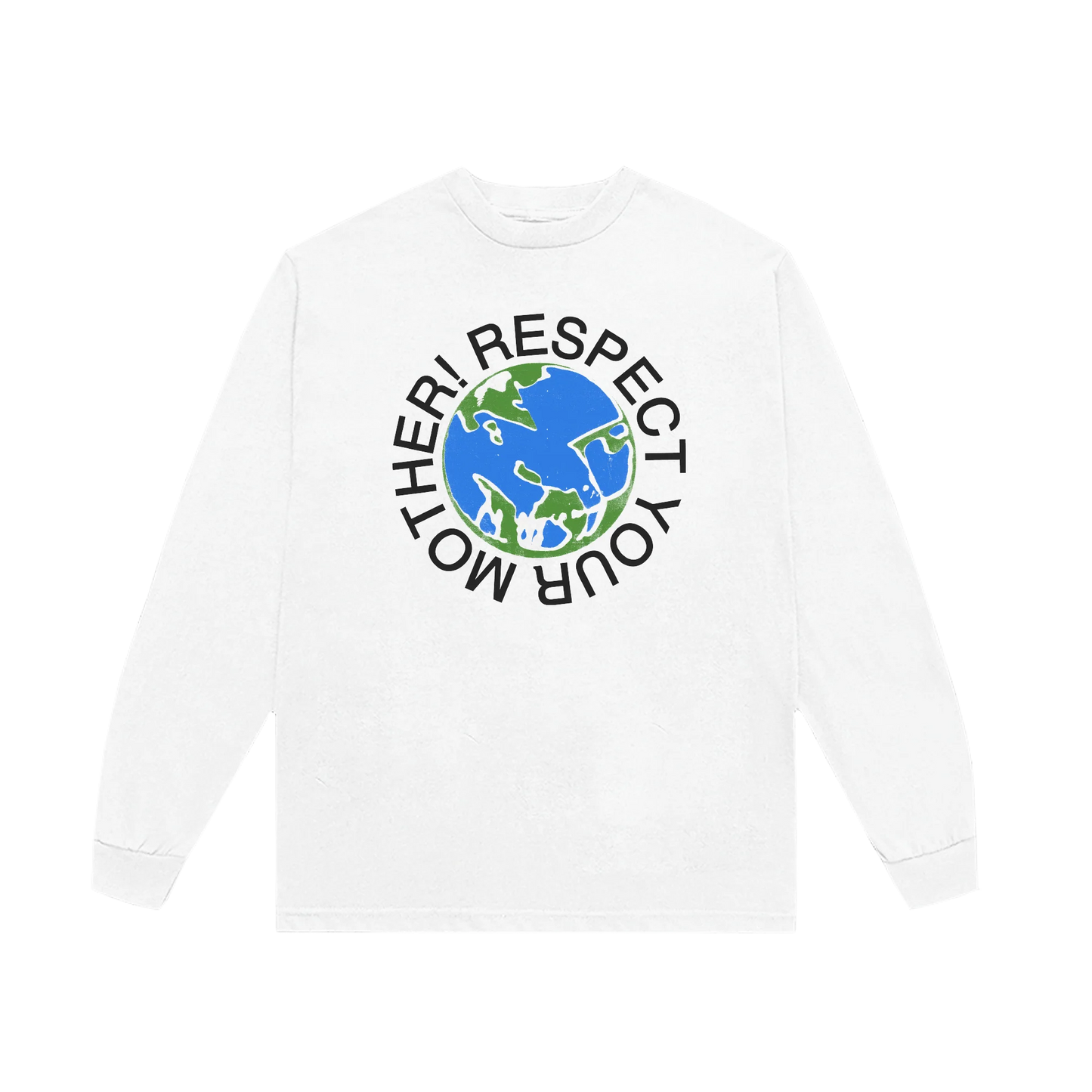 White long sleeve t shirt from Harry Styles merch featuring Respect Your Mother globe graphic printed prominently on front chest
