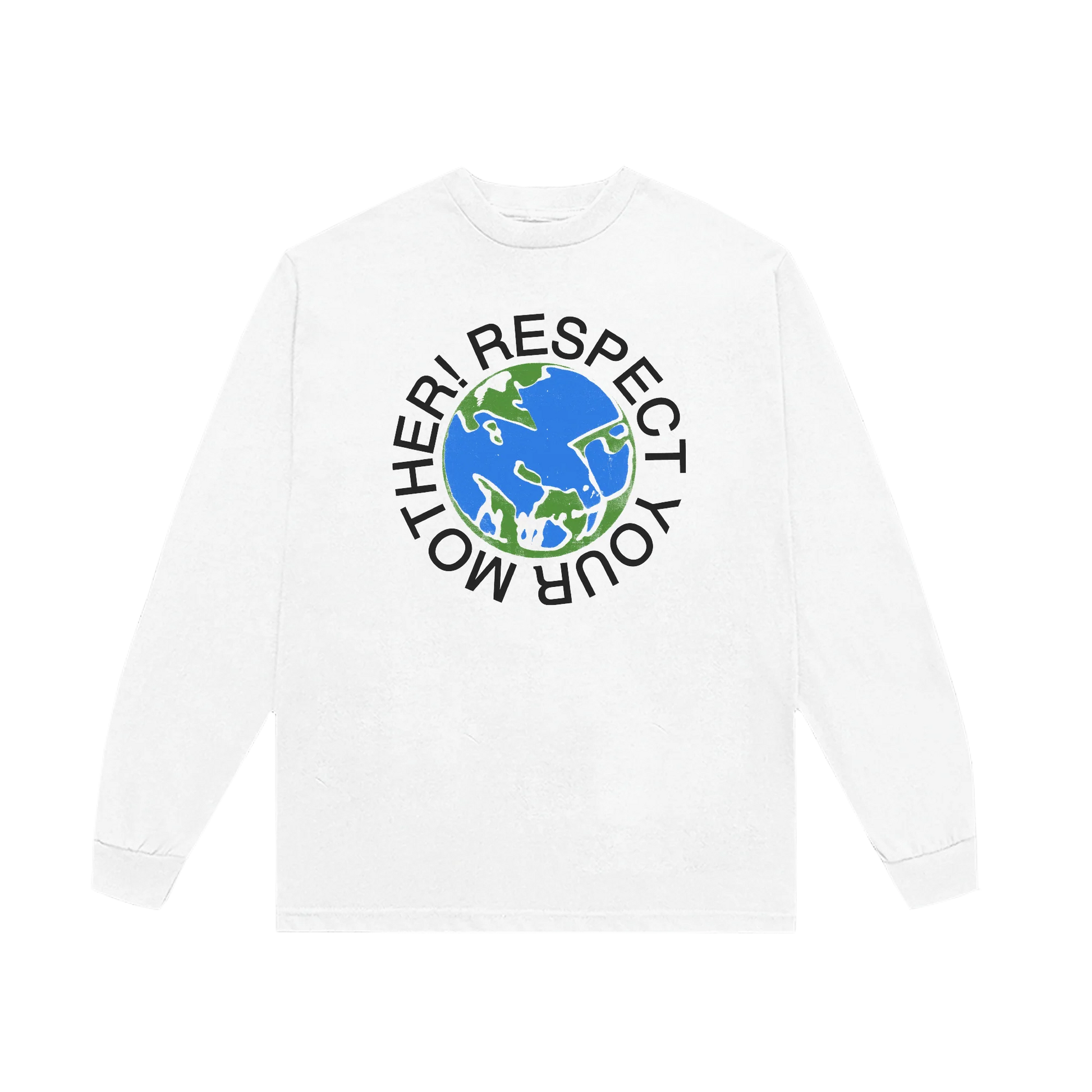 White long sleeve t shirt from Harry Styles merch featuring Respect Your Mother globe graphic printed prominently on front chest