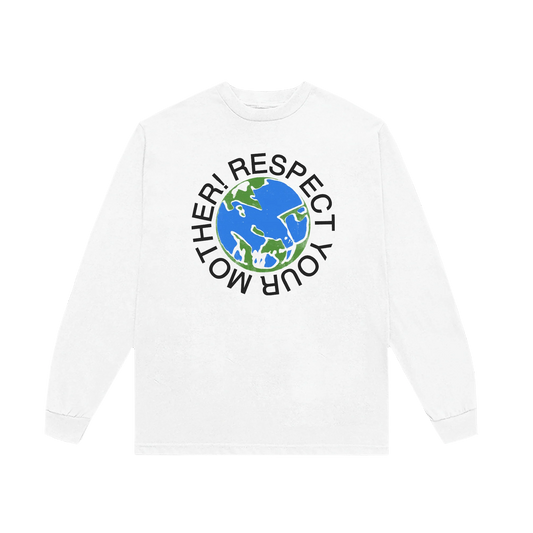 White long sleeve t shirt from Harry Styles merch featuring Respect Your Mother globe graphic printed prominently on front chest