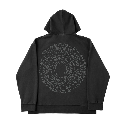 Back view of Harry Styles Special Tracksuit zip up hoodie with circular tracklist graphic artwork featuring Fine Line era song references on washed black heavyweight fabric