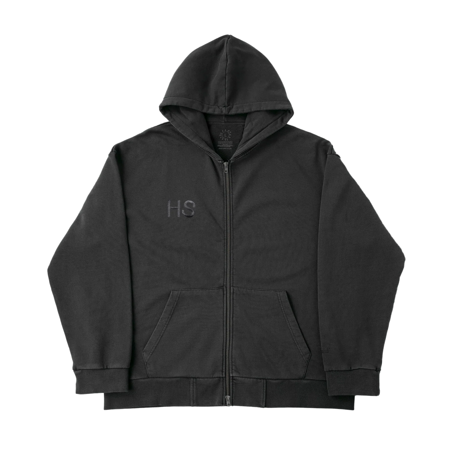 Front view of Harry Styles Special Tracksuit zip up hoodie in washed black featuring subtle HS chest logo, full zip closure, hood, and oversized relaxed fit