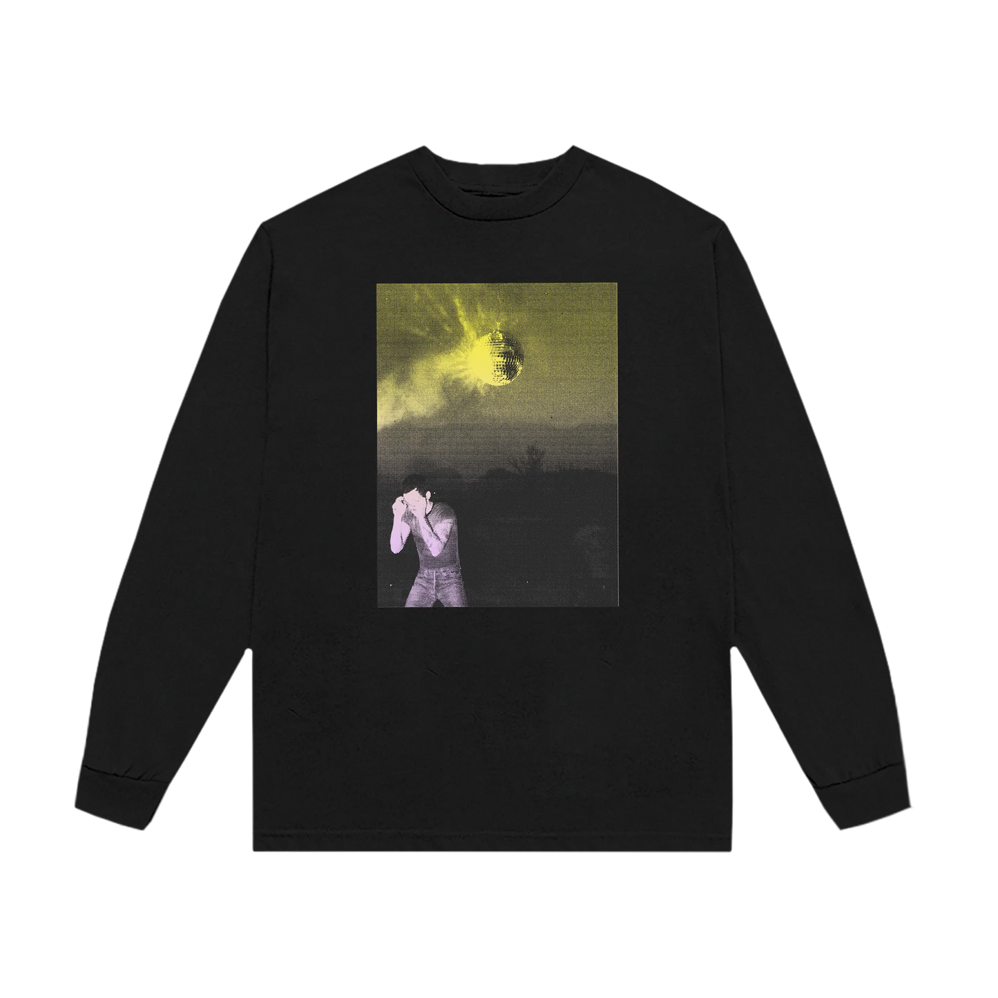 Black long sleeve t shirt from Harry Styles merch featuring surreal disco ball artwork and atmospheric Strange Dawn style photo graphic on front