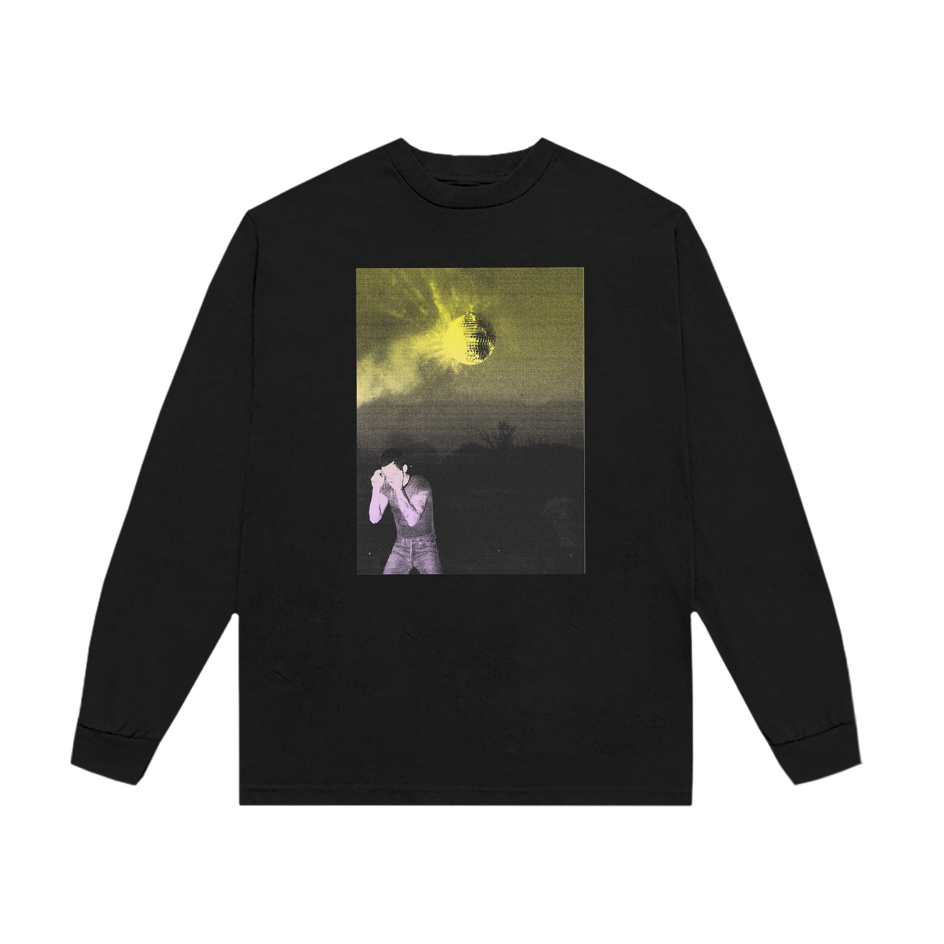 Black long sleeve t shirt from Harry Styles merch featuring surreal disco ball artwork and atmospheric Strange Dawn style photo graphic on front